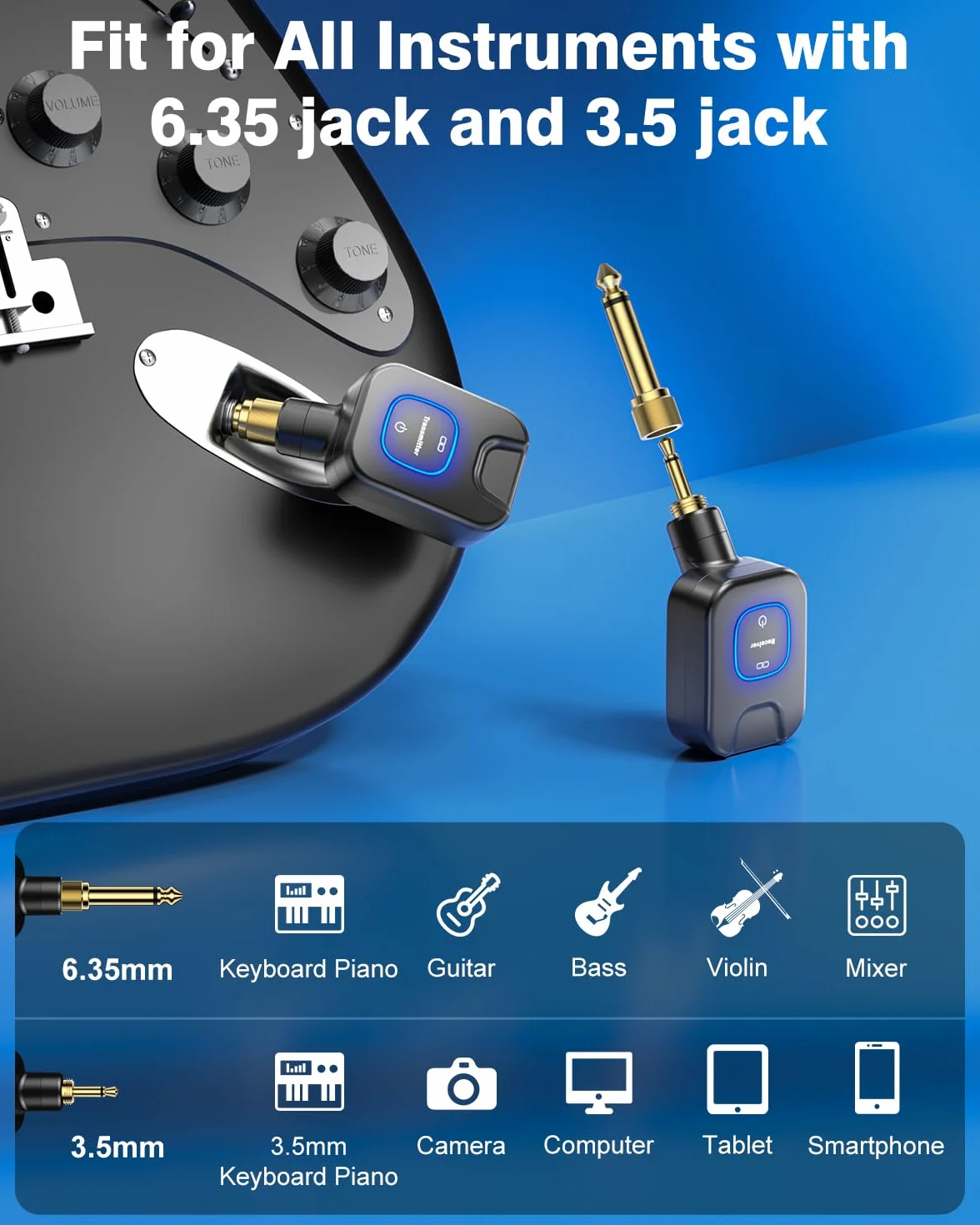 New Bee Sistema di chitarra wireless 5.8G con scatola di ricarica, suono ad alta fedeltà, ricevitore trasmettitore audio a 6 canali per chitarra elettrica, basso