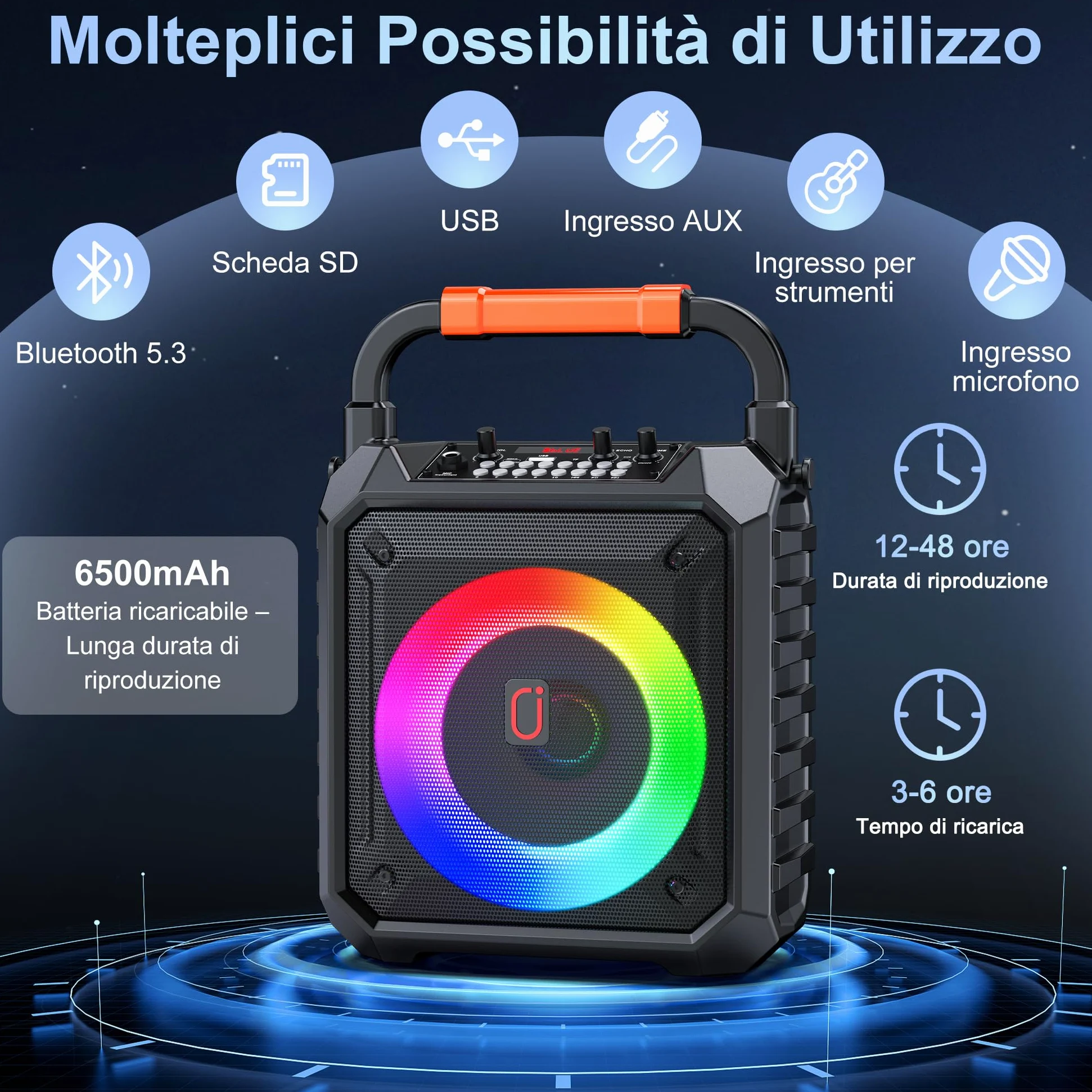 JYX Karaoke con 2 Microfonoper Adulti, Subwoofer da 6,5", 80W Cassa Bluetooth 5.3 Portatile Altoparlante con Luci LED, Autonomia 24-72 Ore, Sistema PA Supporta Scheda TF/USB/AUX-In/REC