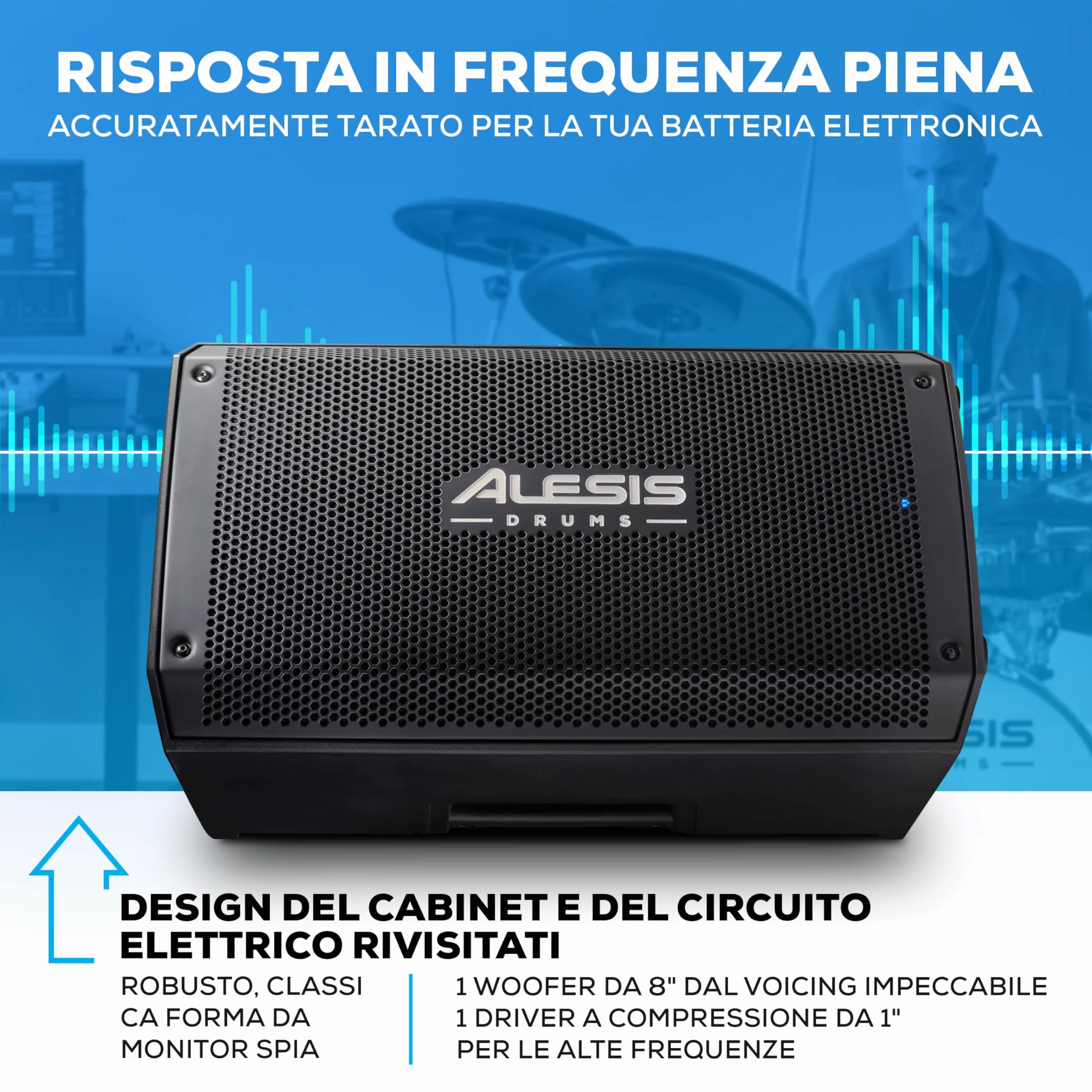 Alesis Strike Amp 8 MK2 - Amplificatore da 2000 W per batteria elettronica con Bluetooth, woofer da 8", EQ HPF e switch per messa a terra