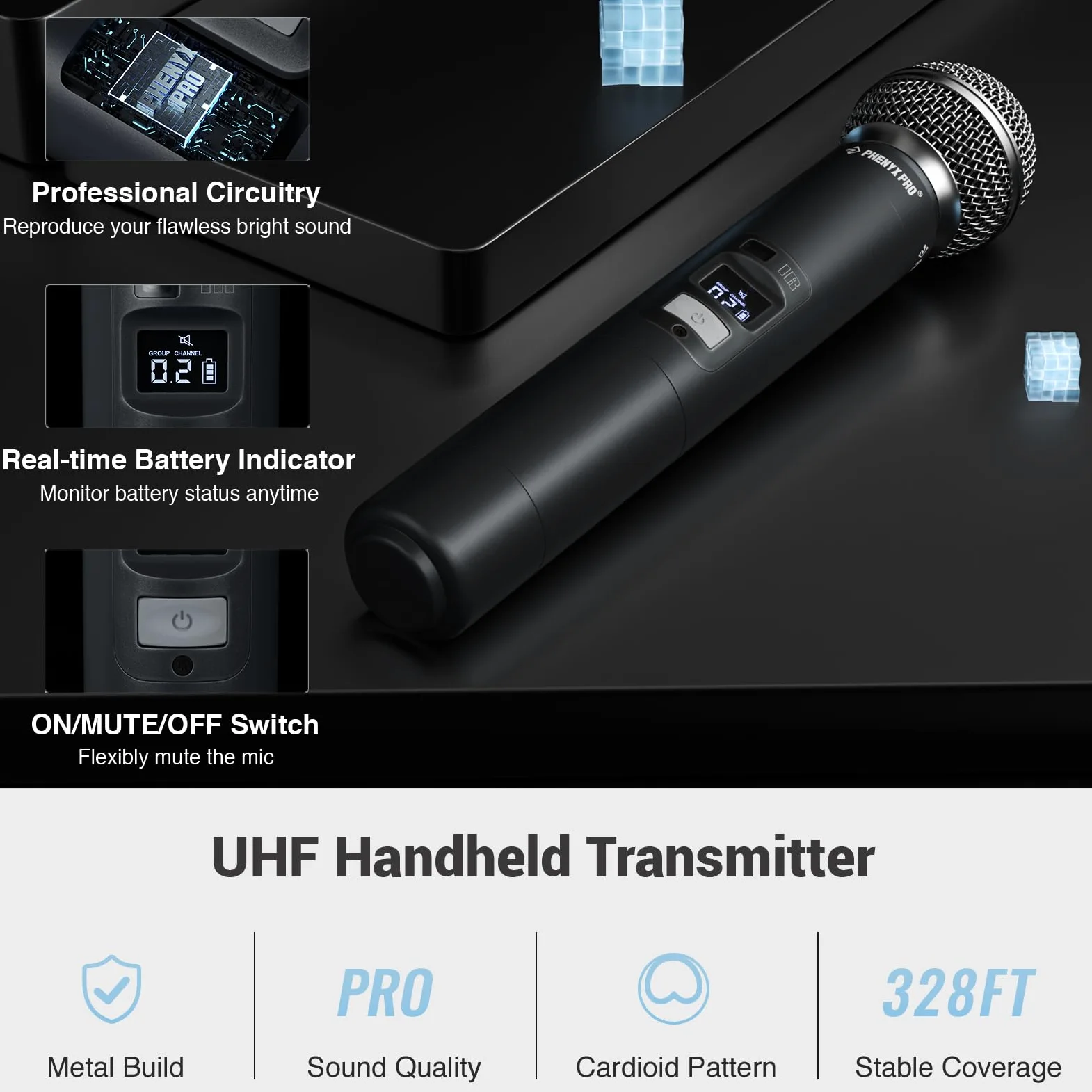 Phenyx Pro Sistema microfono wireless professionali doppi con microfoni palmari, bodypack e da bavero, scansione automatica, 2x100 frequenze UHF, portata di 328 piedi per canto, karaoke (PTU-71-1H1B)