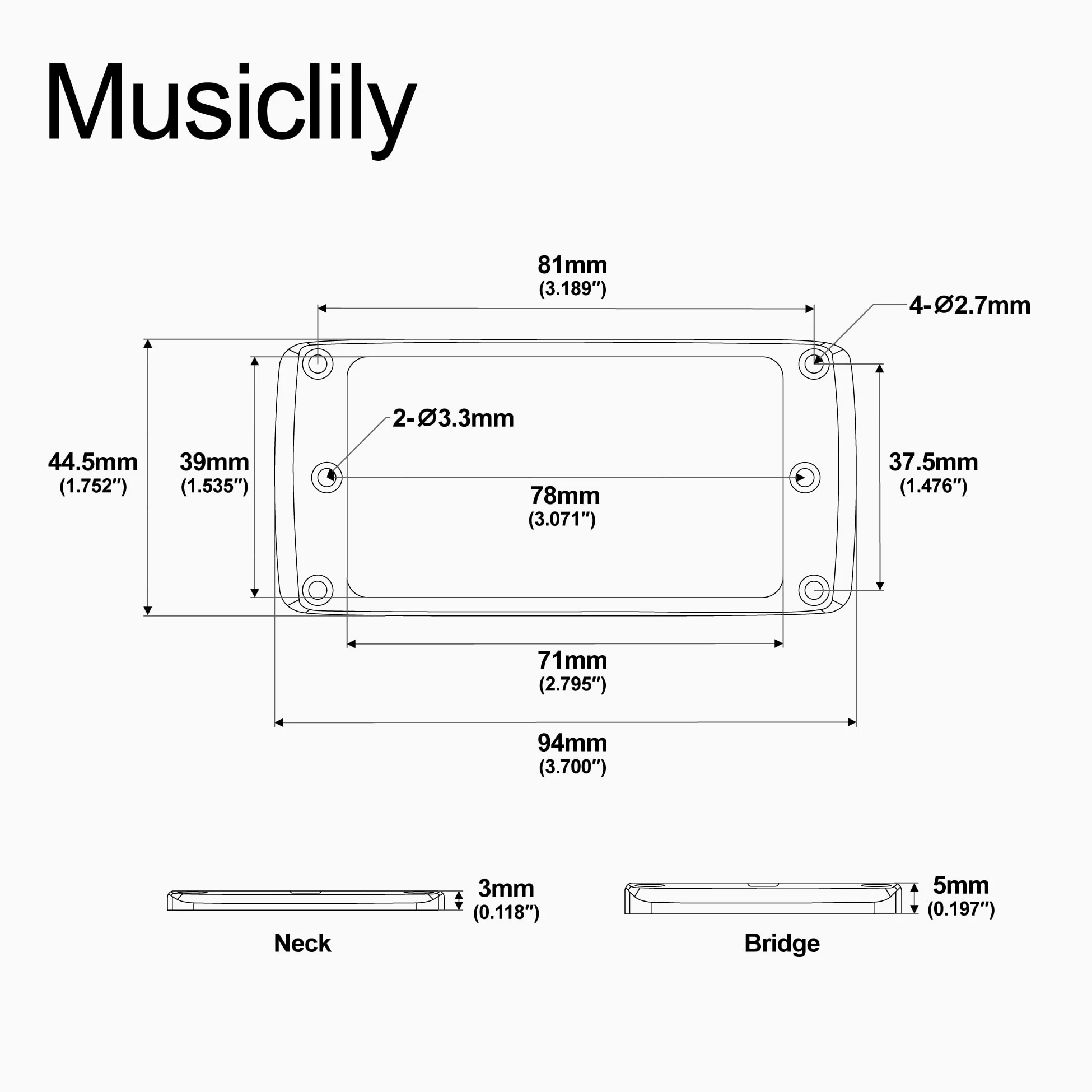 Musiclily Ultra Fondo Piatto Smussato Set Mascherina Pickup Humbucker in Alluminio per Chitarra Elettrica Epi SG, Nero (3mm+5mm)