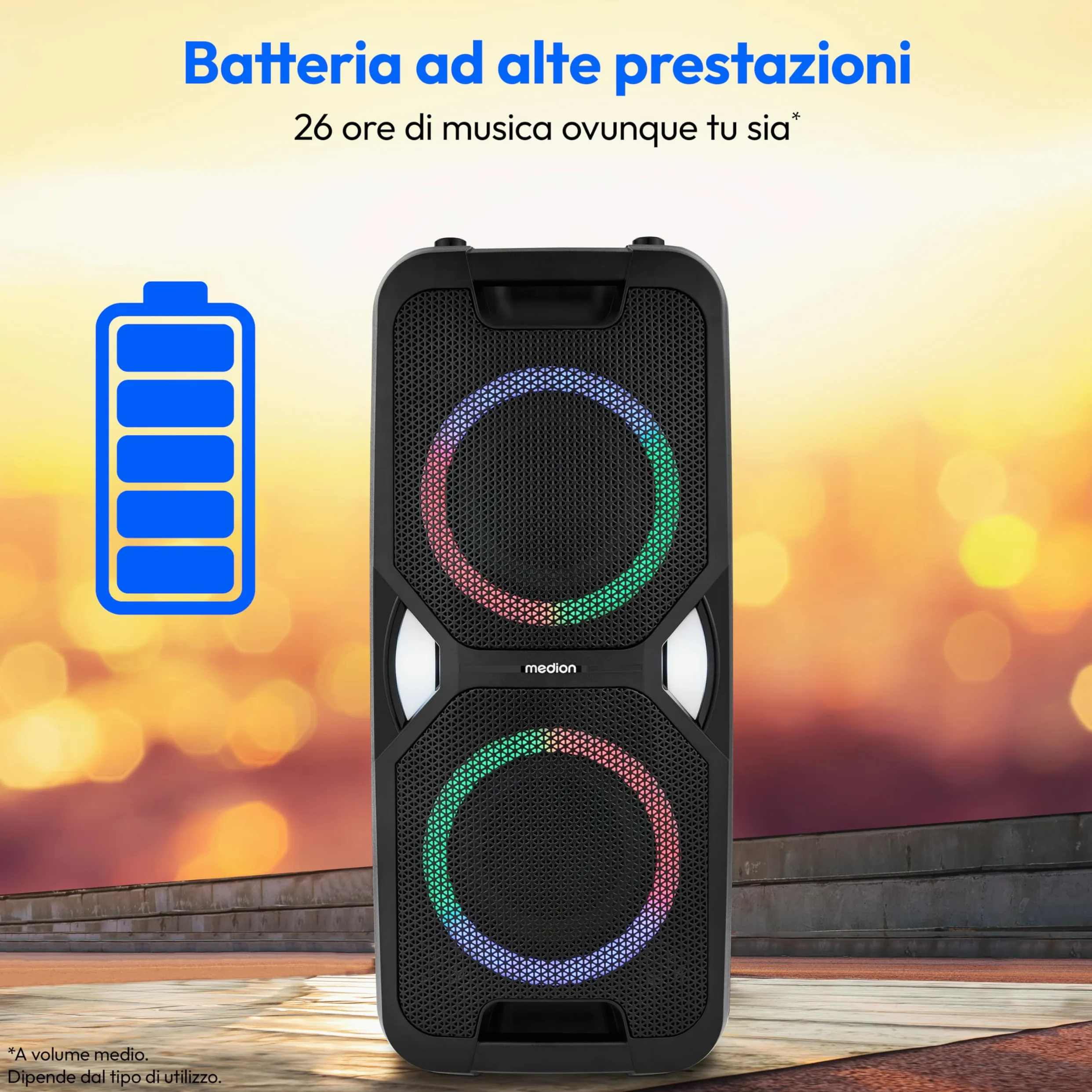 MEDION PE-1 Pure Partybox (batteria, con microfono, altoparlante Bluetooth portatile grande, cassa musicale con effetti luminosi, altoparlante party con karaoke, 2 ingressi microfono, AUX, USB, radio)