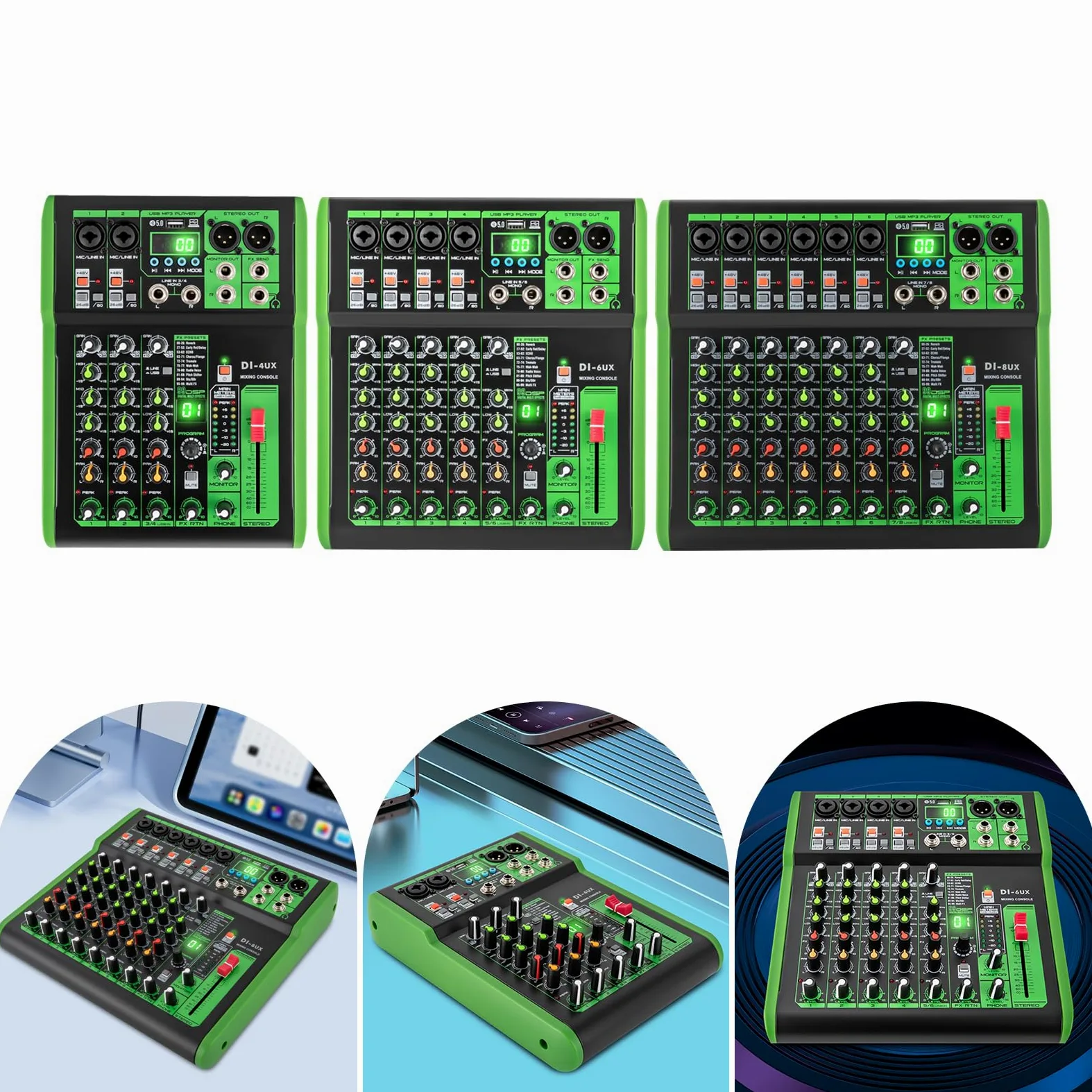 Mixer audio professionale, alimentazione phantom, preamplificatore per microfono, serie DI-4UX, verde, 19,3 x 26 x 4,5 cm