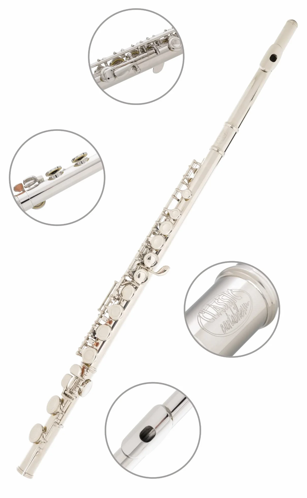 Classic Cantabile FL-100 Flauto Traverso, ottimo per principianti, nichelato, chiavi chiuse, meccanica E, Sol anticipato, accordatura in Do, custodia e accessori inclusi, argento.