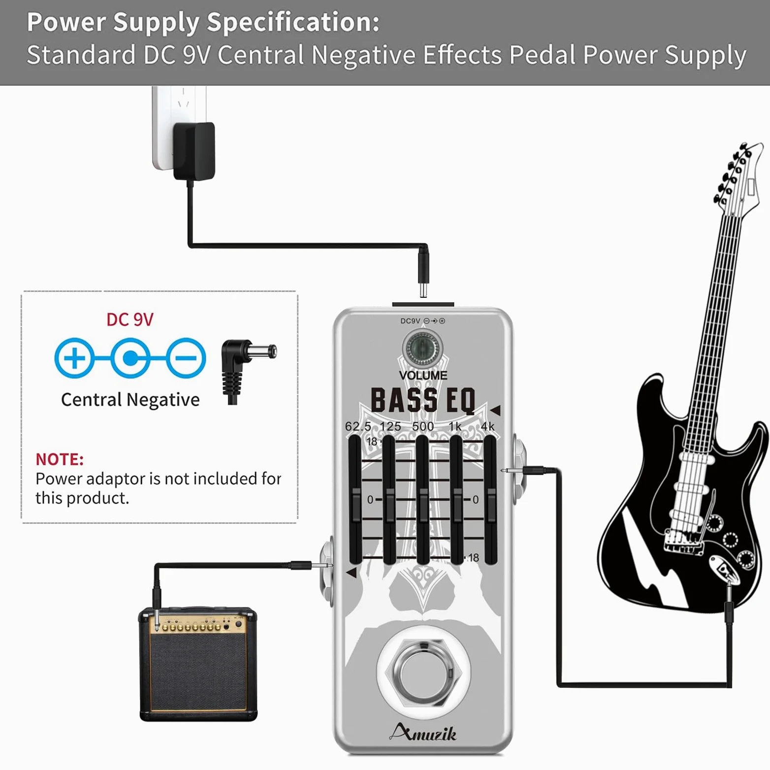 Amuzik Bass EQ Pedal 5 Band Equalizer Pedals For Bass Guitar With 5 Band Graphic Mini Size True Bypass