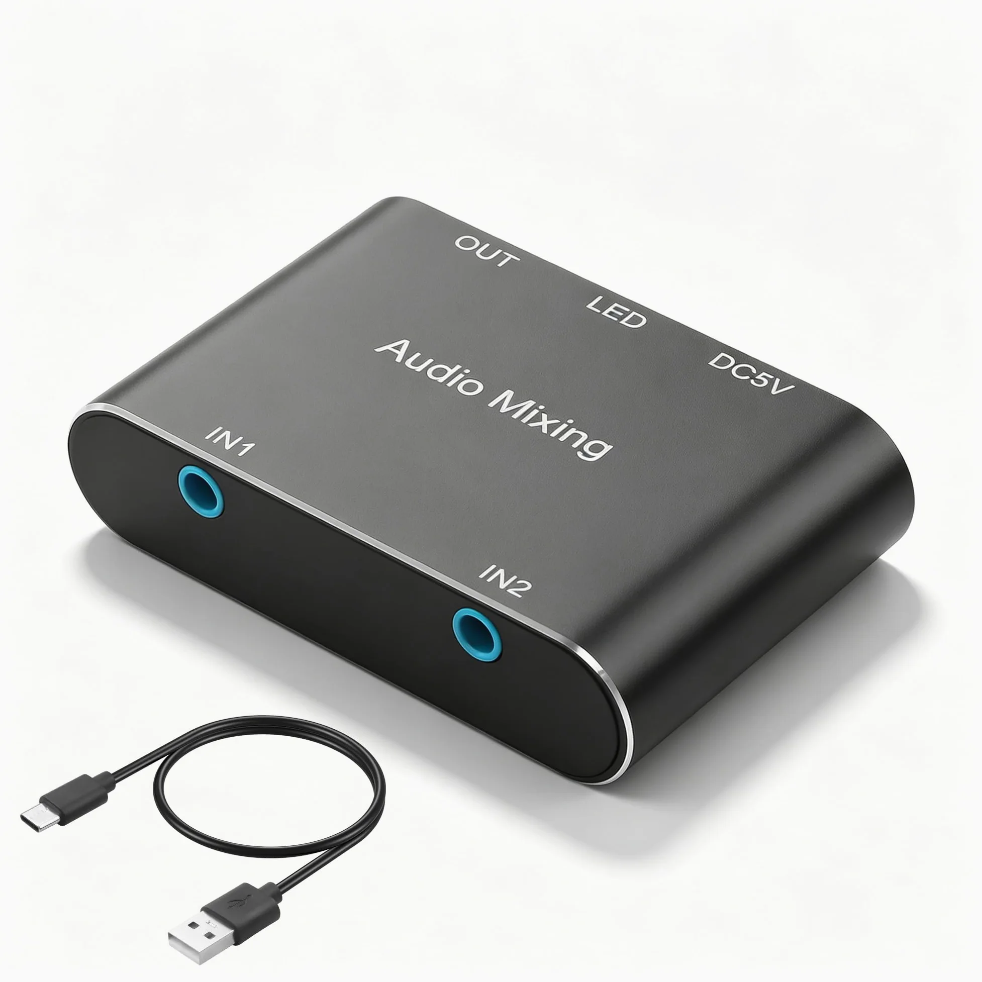 GINTOOYUN Mixer audio stereo da 3,5 mm 2 in 1 out mini mixer audio stereo da 3,5 mm con cavo di ricarica USB da 1,64 m per laptop, telefoni, cuffie, altoparlanti, ecc