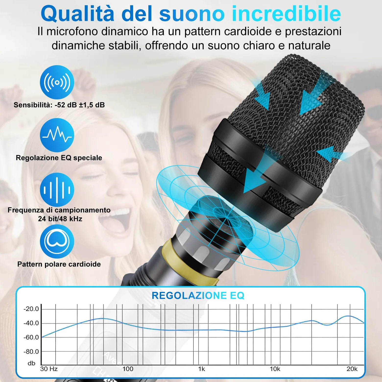 Sistema di microfoni wireless Aveek con 4 microfoni dinamici portatili, portata lunga di 80 m, batteria da 40 ore, suono da studio a bassa latenza per karaoke, canto, discorsi, chiesa, palcoscenico