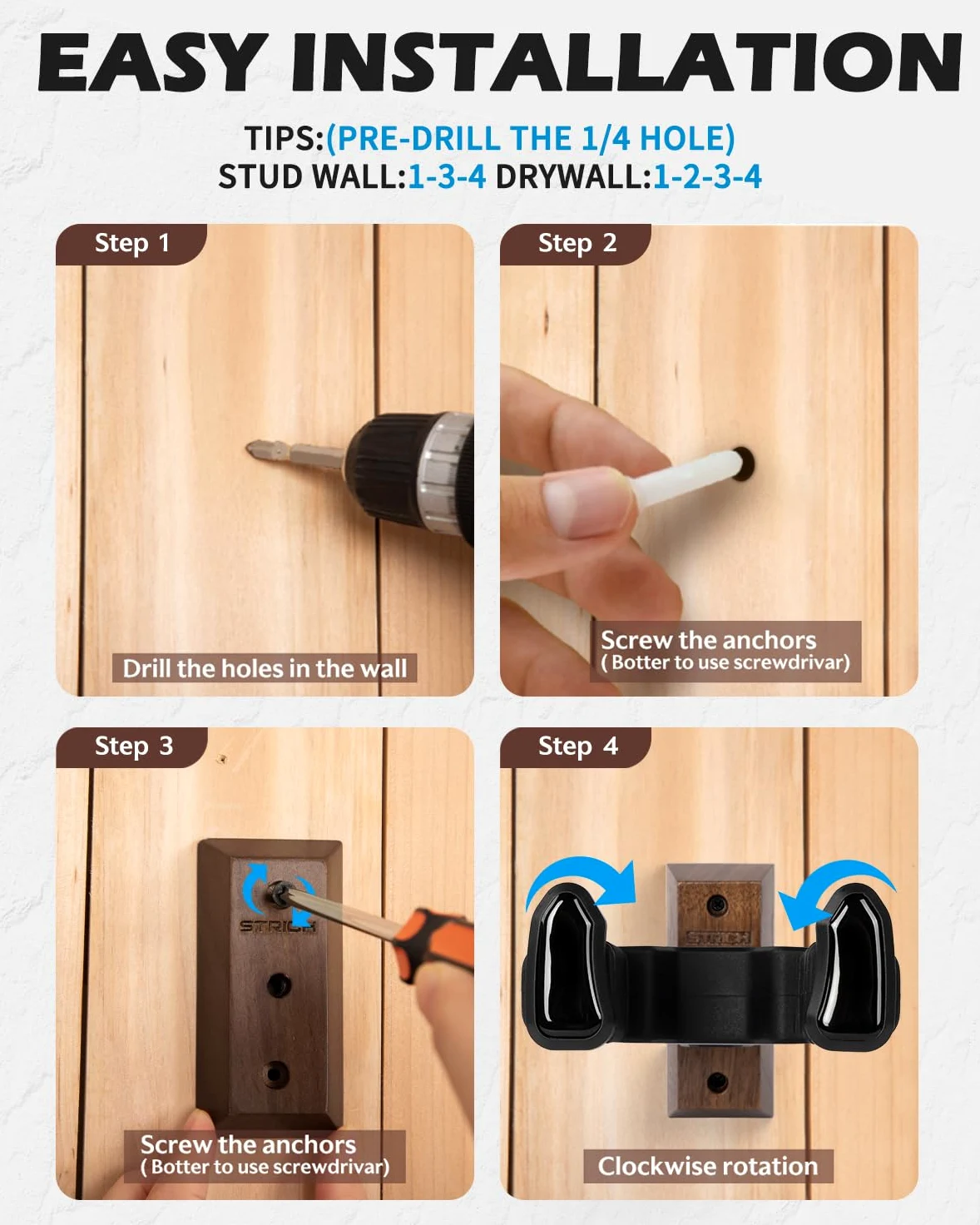 STRCIH Supporto da parete Gravity Wall per chitarra, supporto a forma di U in noce, con chiusura automatica, adatto per chitarre acustiche ed elettriche, banjo e bassi (confezione da 2)