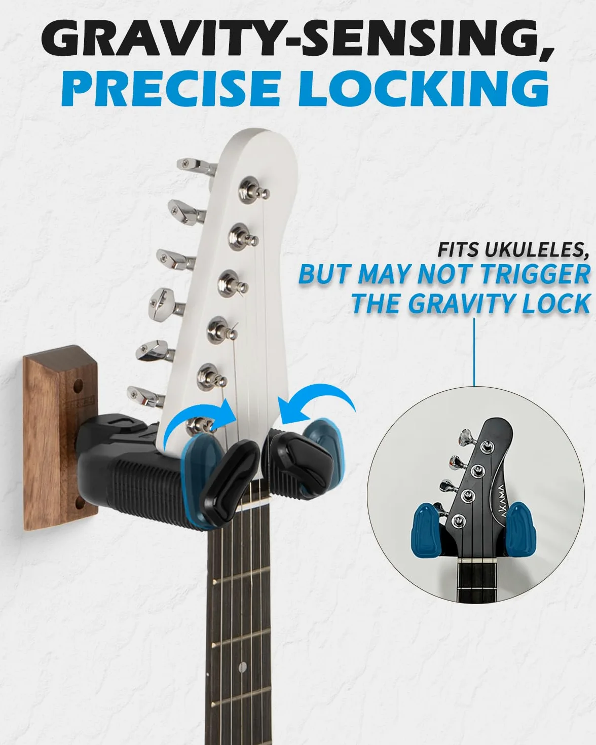 STRCIH Supporto da parete Gravity Wall per chitarra, supporto a forma di U in noce, con chiusura automatica, adatto per chitarre acustiche ed elettriche, banjo e bassi (confezione da 2)