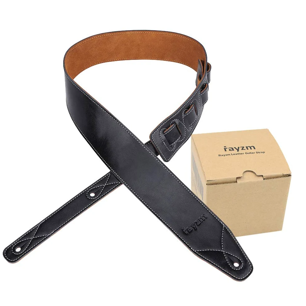 Rayzm Tracolla per Chitarra e Basso con Retro Scamosciato, Tracolla in Vera Pelle per Chitarra Acustica, Elettrica e Basso, Larghezza 6.5 cm, Lunghezza Regolabile da 108 cm a 140 cm