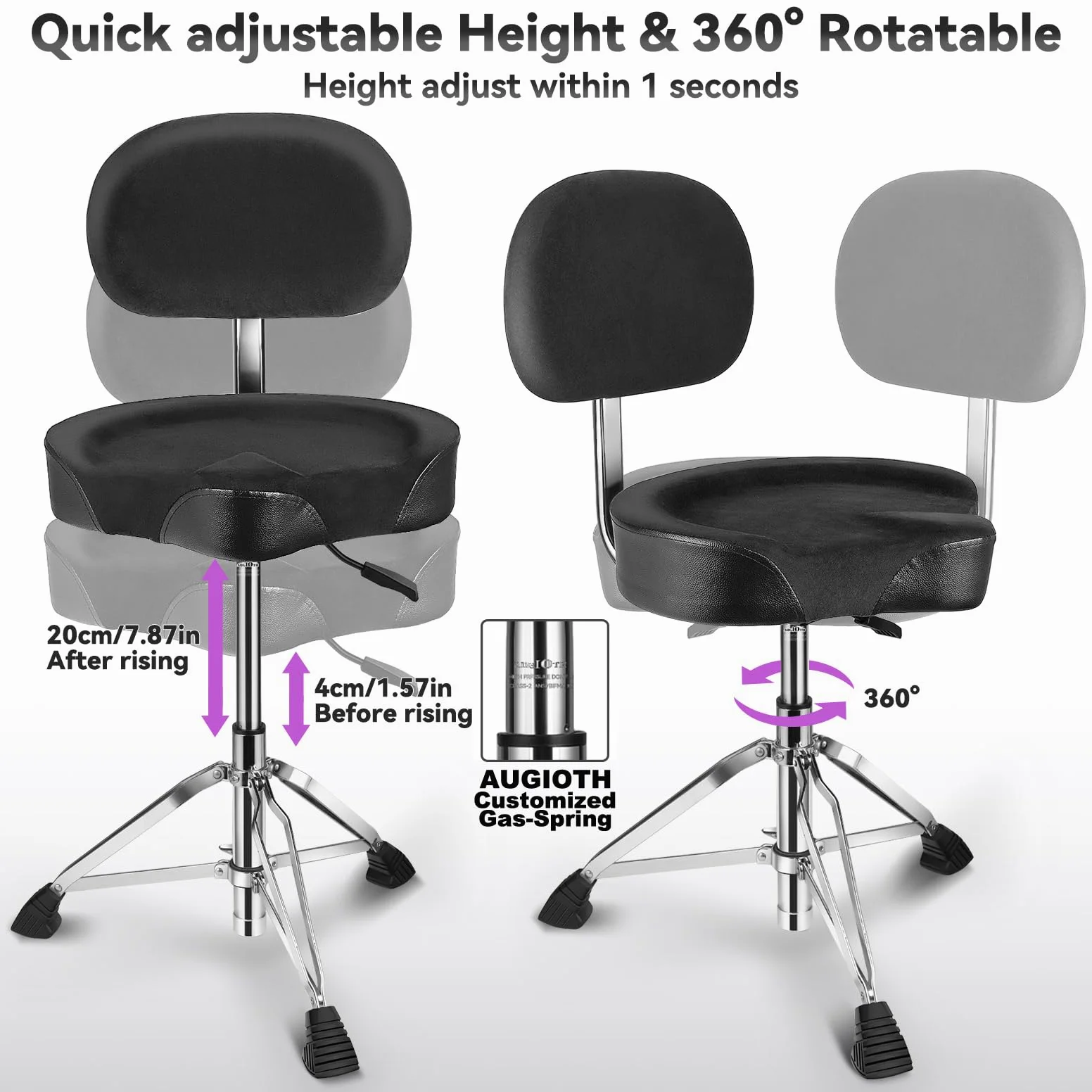 Drum Throne con schienale imbottito sedia per tamburo idraulico regolabile in altezza sgabello per batteria con bassi stabili Comodo sedile per batteria in memory foam per batteristi adulti
