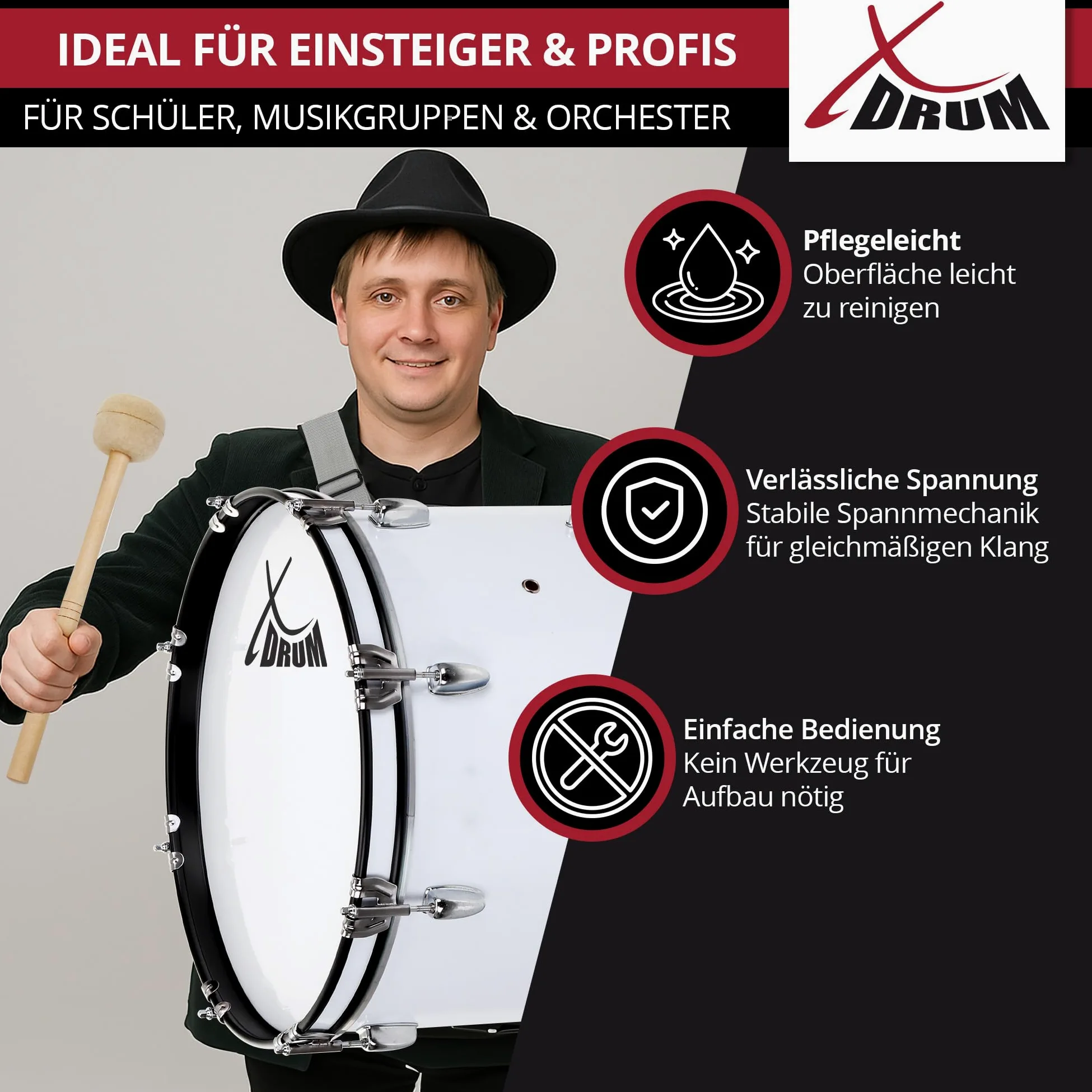 XDrum MBD-226 grancassa da marcia 26"x12" - 10,5 kg, 4 asole di trasporto, 8 viti di tensione per lato, incl. mazzuoli, cinghie e chiave di accordatura, bianco