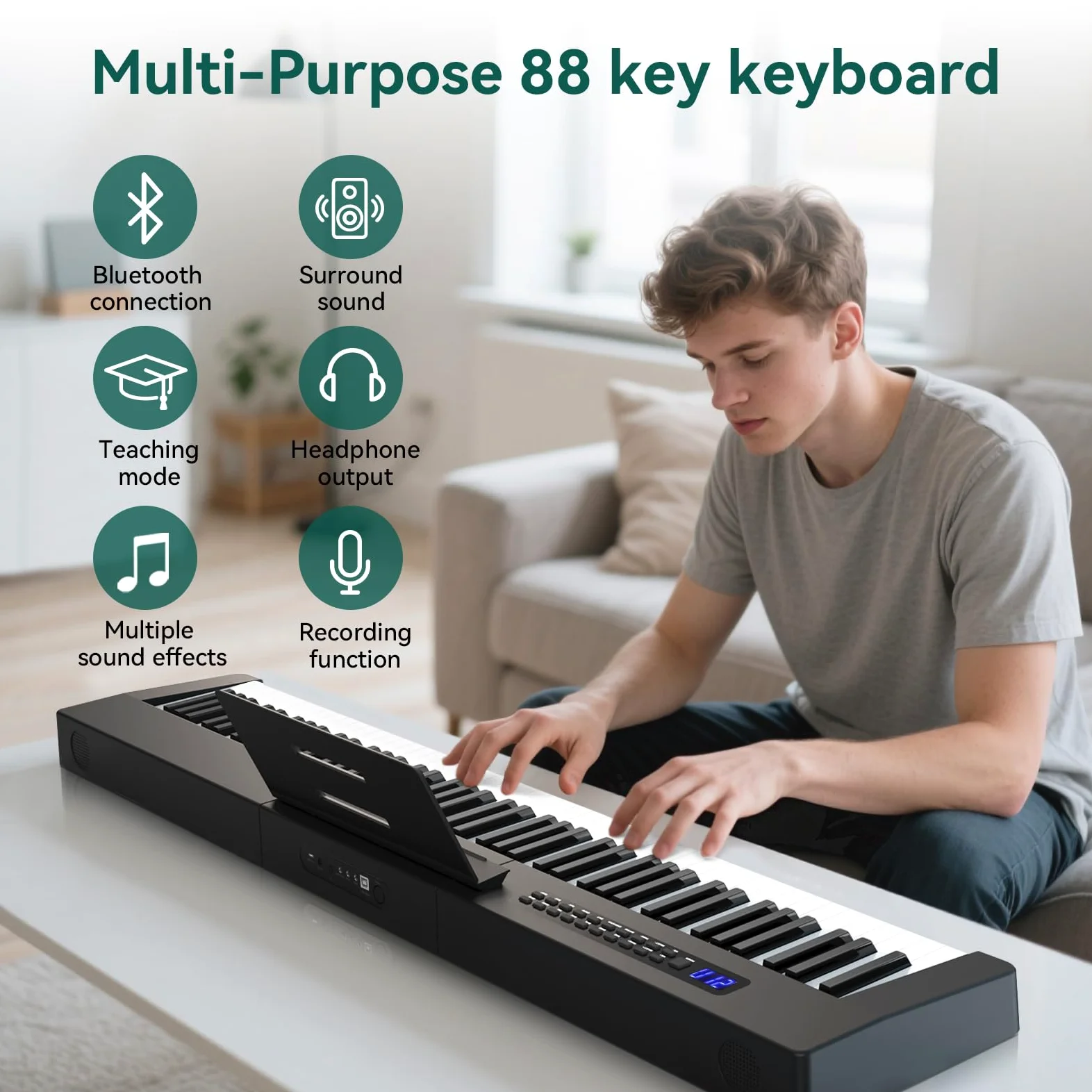 Rosen P21 Tastiera Semi-Pesata 88 Tasti Pianoforte Digitale per Principianti, Pianoforte Elettrico Portatile con Pedale di Sostegno e Alimentazione, Nero
