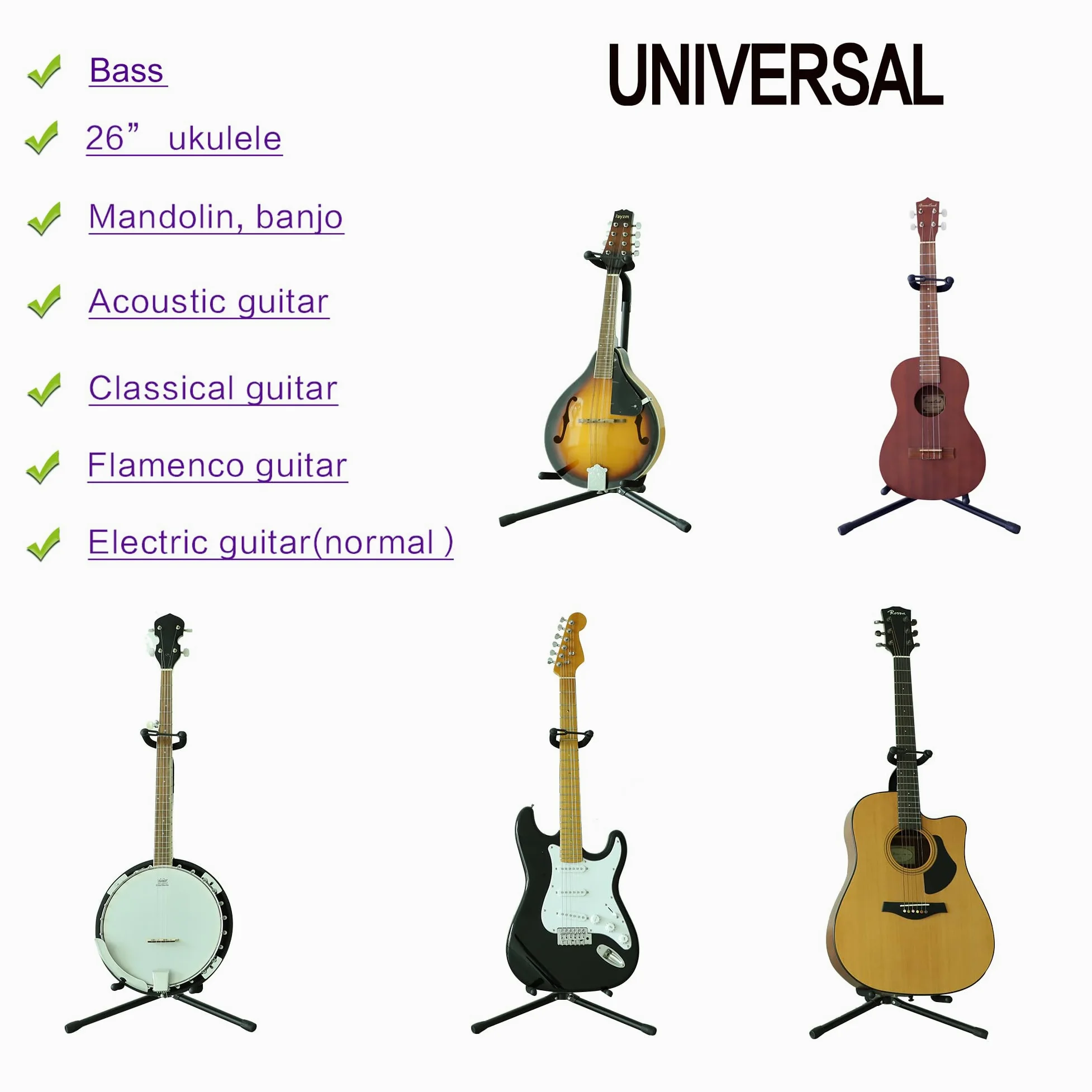 Rayzm Supporto per chitarra con regolazione in altezza, Supporto da pavimento in metallo per chitarra acustica/elettrica/classica, basso, mandolino e banjo