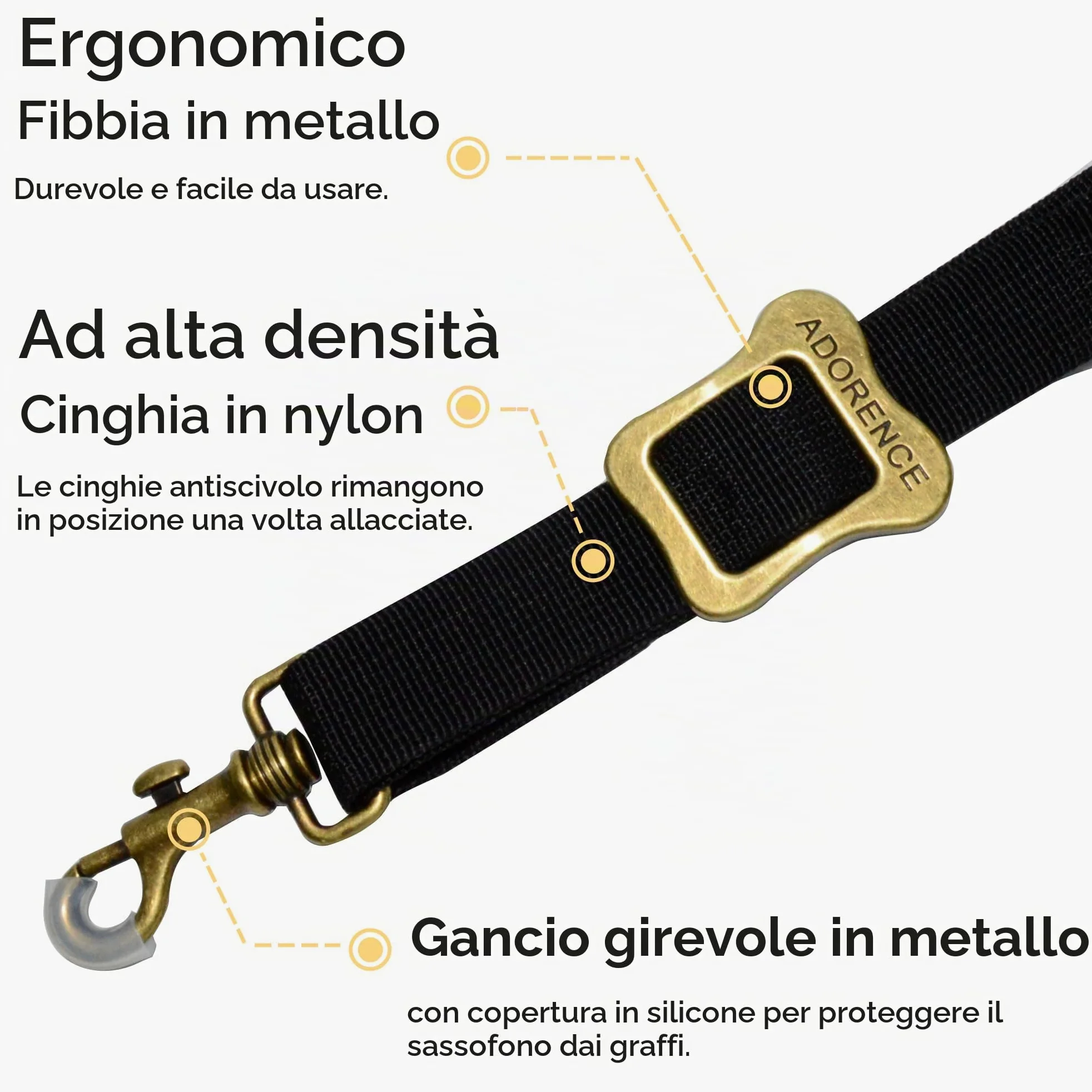 adorence Tracolla Sax per Sassofono, Tracolla Regolabile con Pad per Collo e Moschettone Girevole in Metallo, per Sassofono Tenore, Contralto e Soprano, Nero - H11