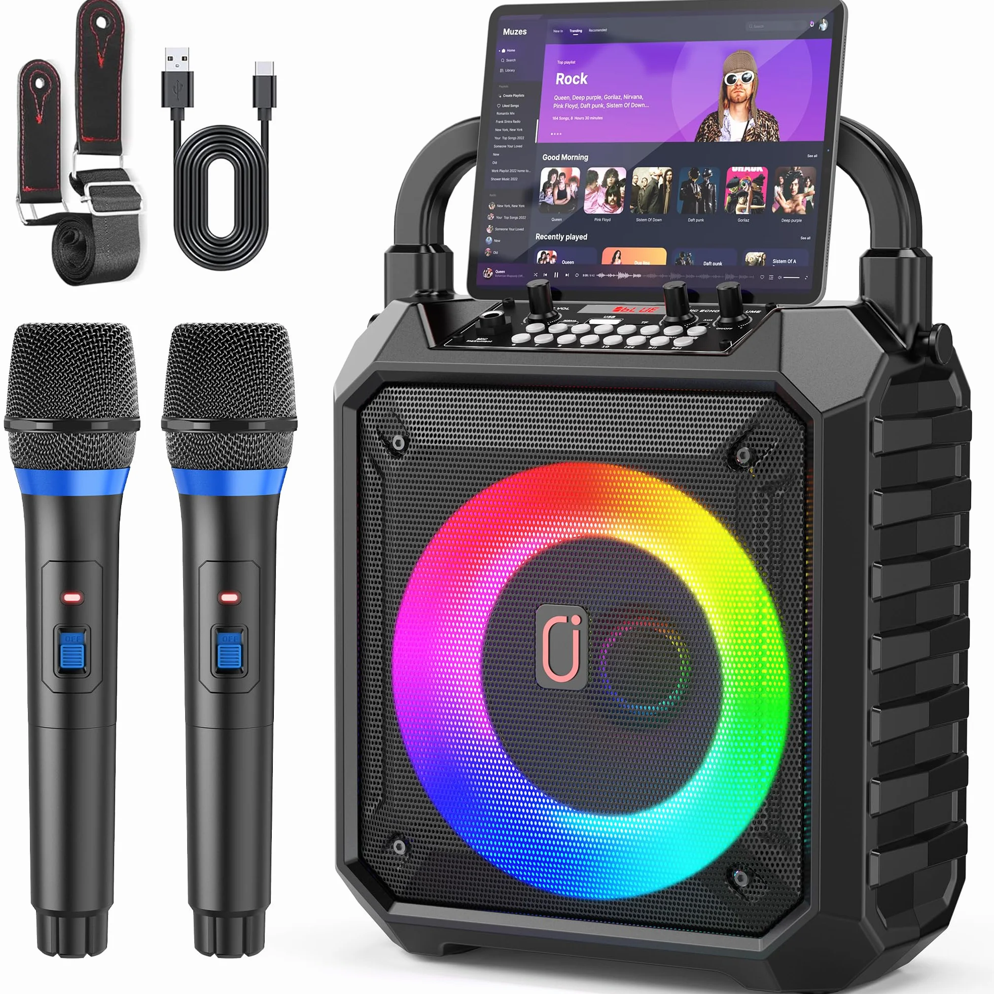 JYX Karaoke con 2 Microfonoper Adulti, Subwoofer da 6,5", 80W Cassa Bluetooth 5.3 Portatile Altoparlante con Luci LED, Autonomia 24-72 Ore, Sistema PA Supporta Scheda TF/USB/AUX-In/REC