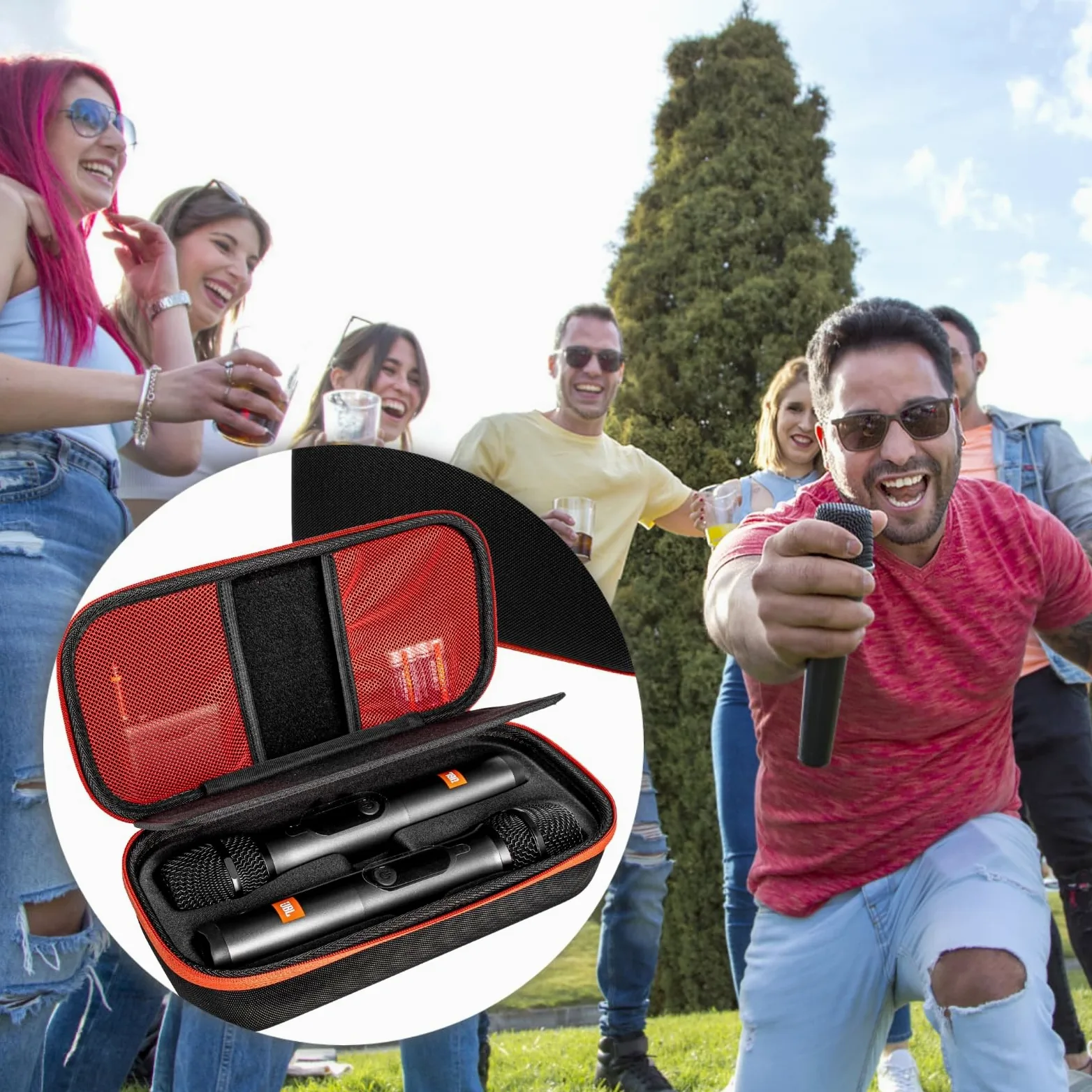Custodia per microfono, custodia per microfono senza fili per JBL Party Box, guscio rigido in EVA nera, adatta a due microfoni, portatile, con cerniera arancione, 258,5 x 18,5 x 8 cm