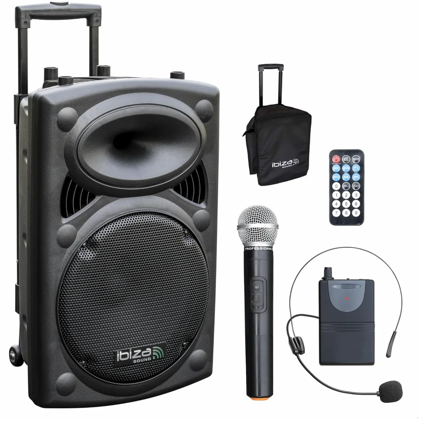 Ibiza - Pacchetto Karaoke Altoparlante portatile USB Bluetooth Ibiza PORT12VHF-BT 700W 4 microfoni senza fili - Supporto tablet SMM20 - Serata Sono