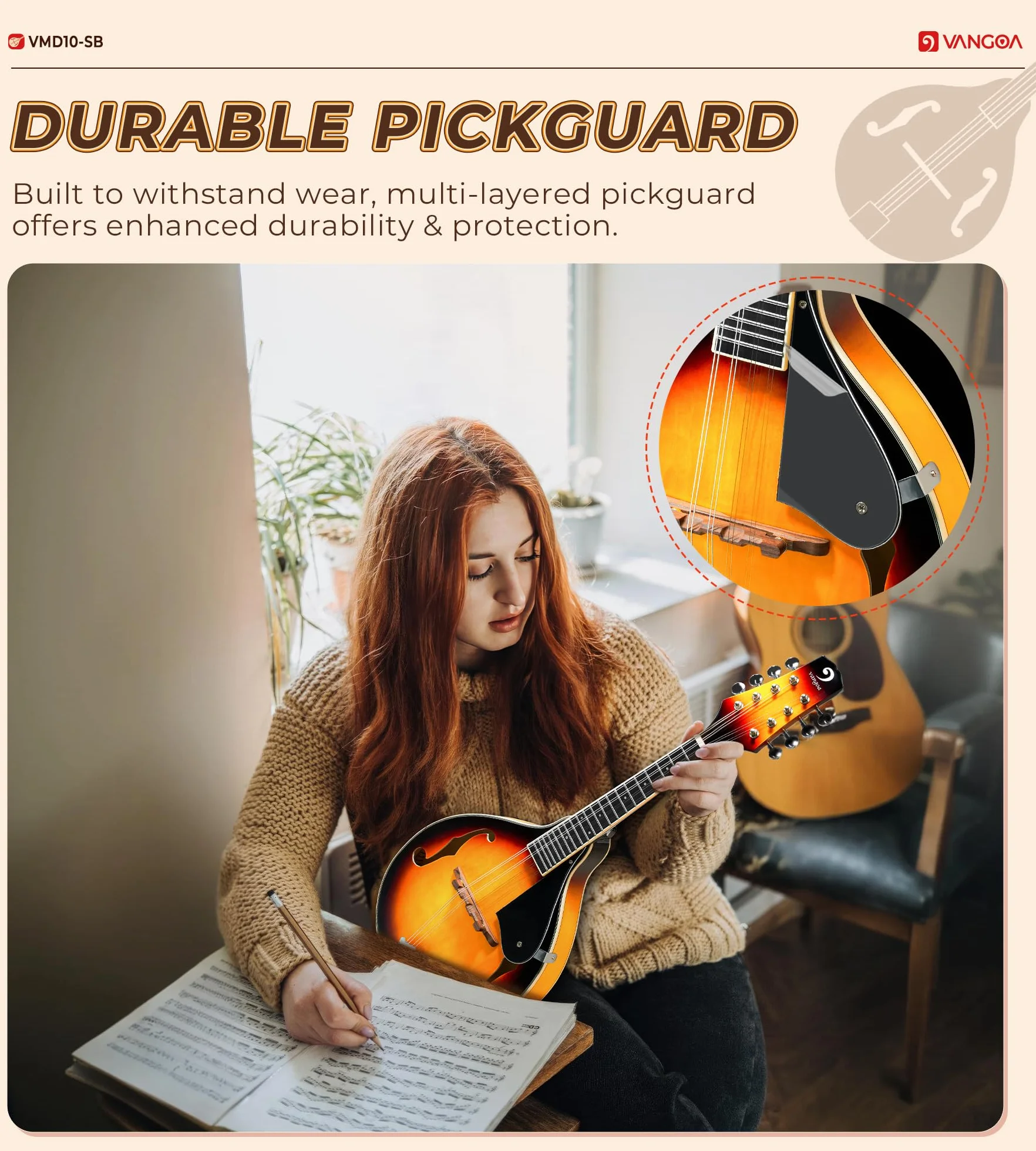 Vangoa Acustico Mandolino Strumento A-stile Mandolin Bluegrass Mandolino a 8 corde per Principiante, Sunburst