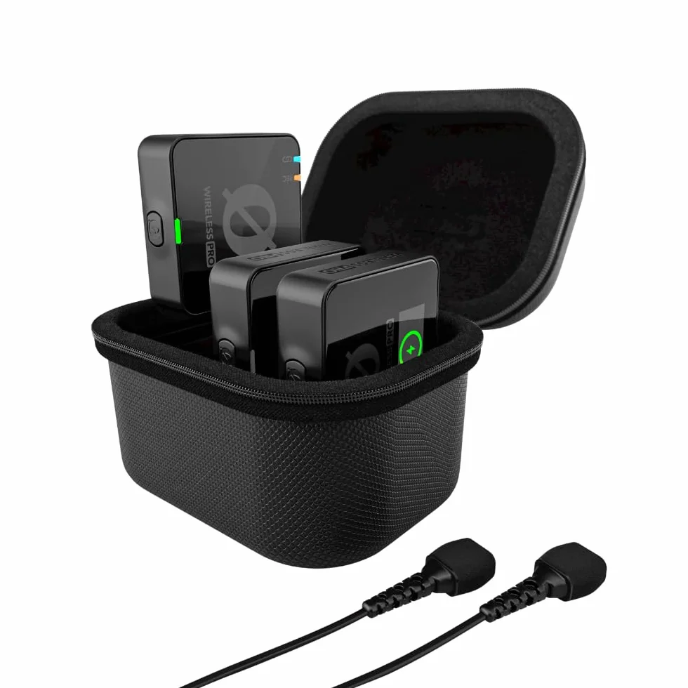 RØDE Wireless PRO, sistema microfonico wireless compatto con timecode, registrazione integrata a 32-bit float, 2 microfoni lavalier e custodia di ricarica smart per filmmaking e creazione di contenuti