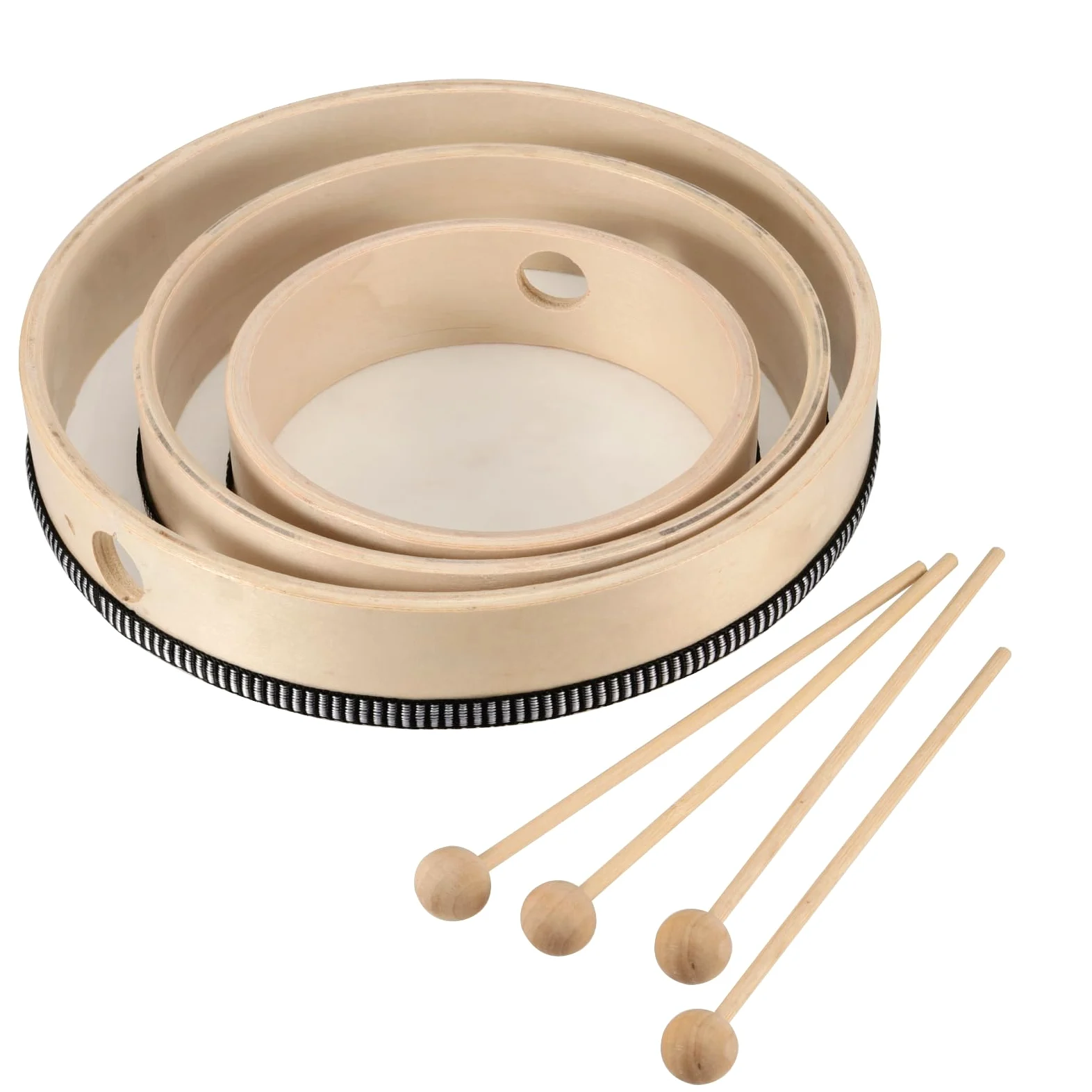 Confezione da 4 tamburi a mano, 4 misure con 4 bacchette per apprendimento del ritmo, spettacoli musicali, feste e appassionati di percussioni, 15,2 cm, 17,8 cm, 20,3 cm, 25,4 cm