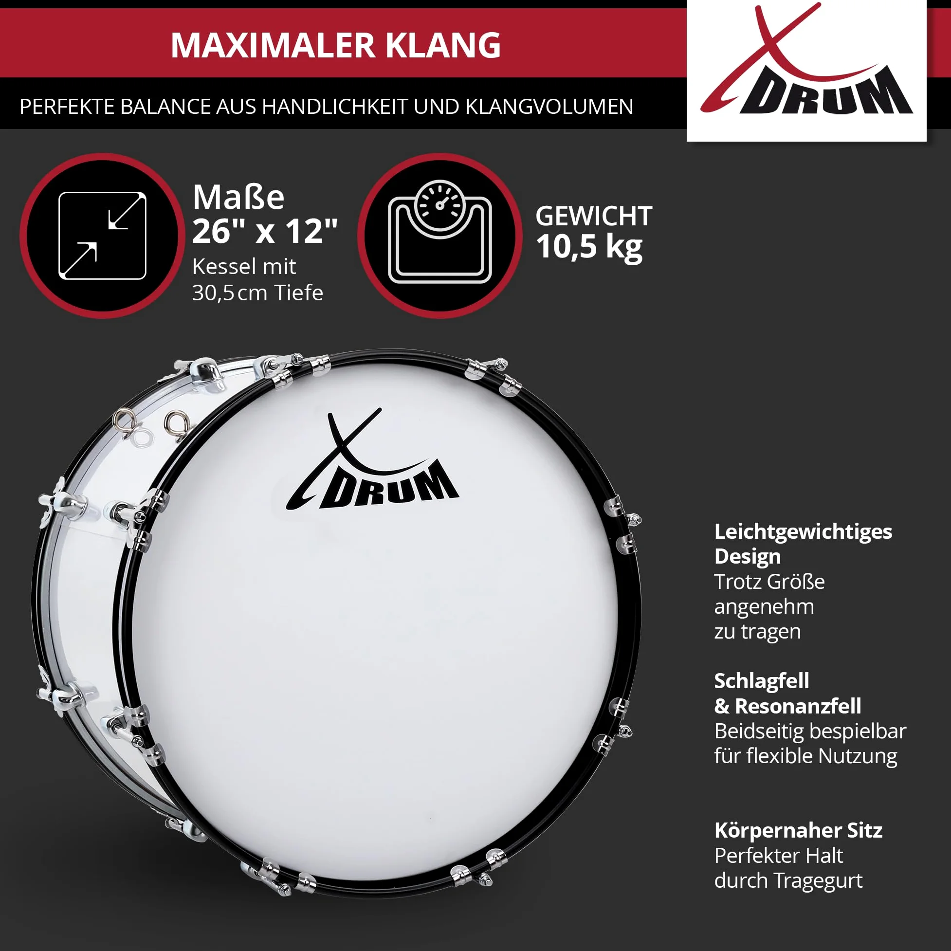XDrum MBD-226 grancassa da marcia 26"x12" - 10,5 kg, 4 asole di trasporto, 8 viti di tensione per lato, incl. mazzuoli, cinghie e chiave di accordatura, bianco
