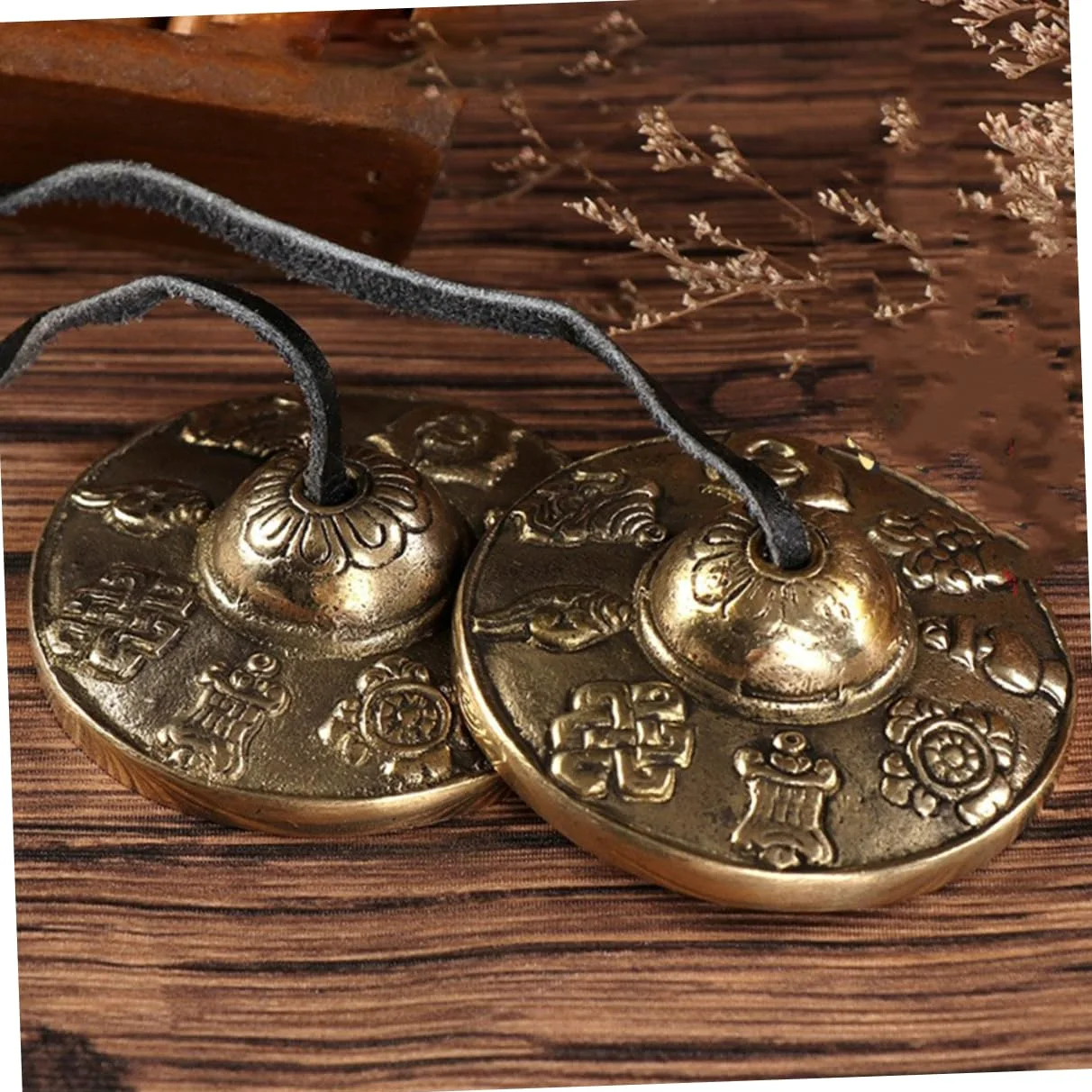 Cimbali in Rame Dorato per Meditazione e Rituali Motivi Vintage di Buon Auspicio, Strumenti Percussivi Etnici per Benedizione ed Esorcismo