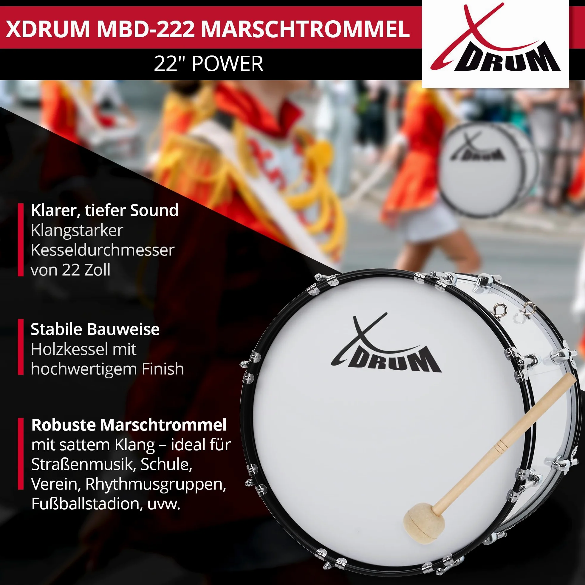XDrum MBD-222 Grancassa da marcia 22" x 12" - grande grancassa da marcia - 7,5 kg - 4 occhielli per imbracatura - 8 tiranti per lato - incl. mazzuoli, imbracature e chiave di accordatura - Bianco