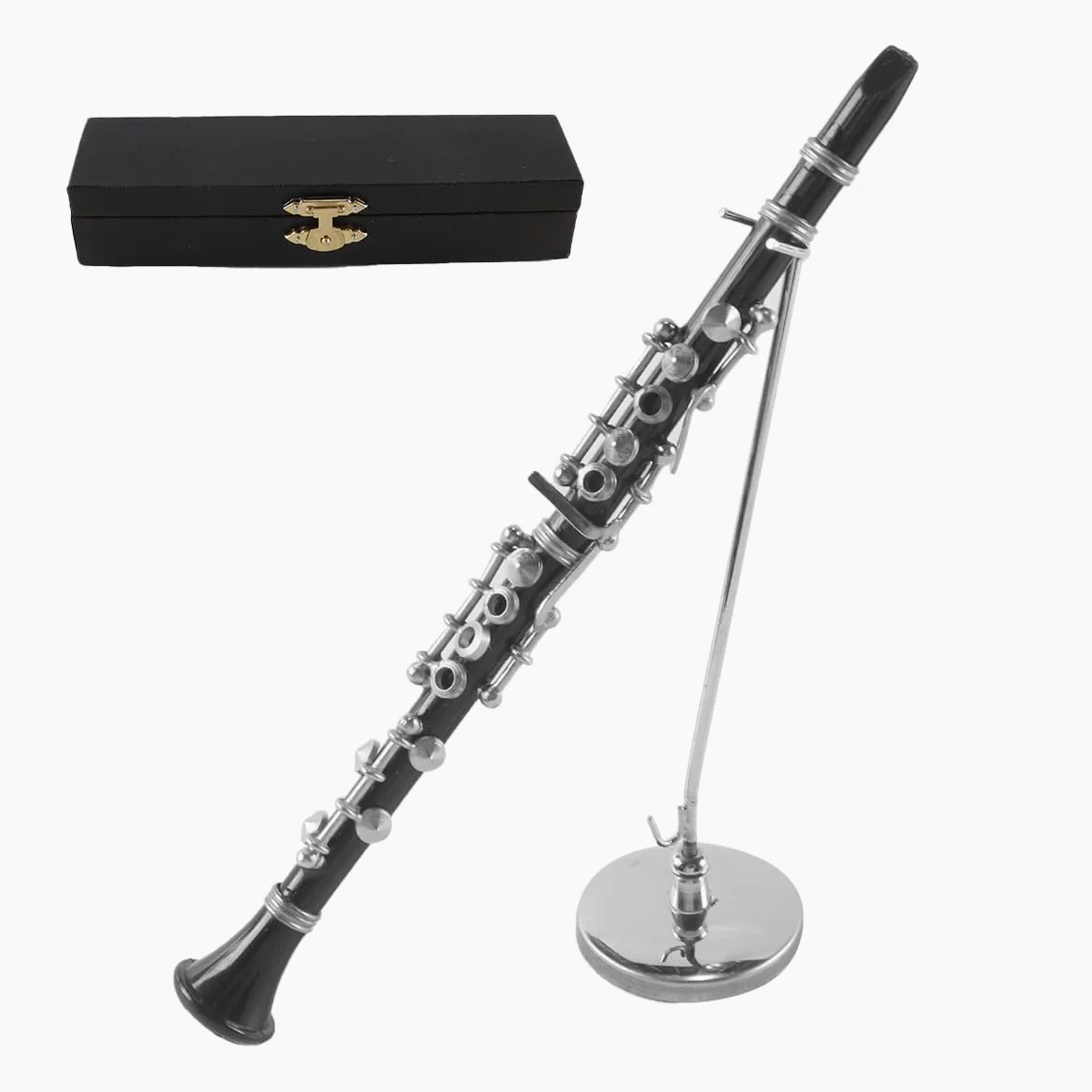 Spilla decorativa in vinile nero in metallo, modello di clarinetto basso in miniatura, 16 cm, scala 1/6, con custodia nera e supporto.