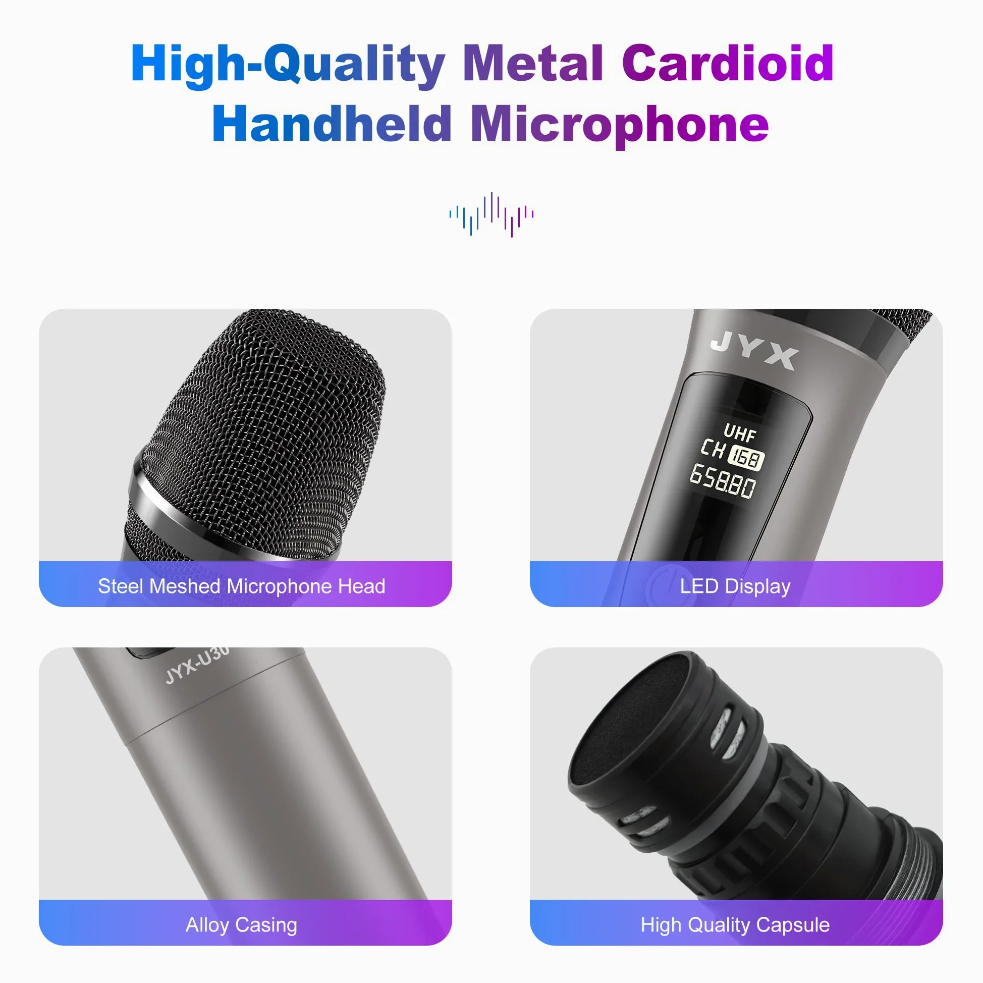 Microfoni wireless, microfono dinamico portatile wireless dual UHF con ricevitore spina da 1/4 pollici, (gamma 150 piedi), connessione automatica, microfoni karaoke ricaricabili in metallo