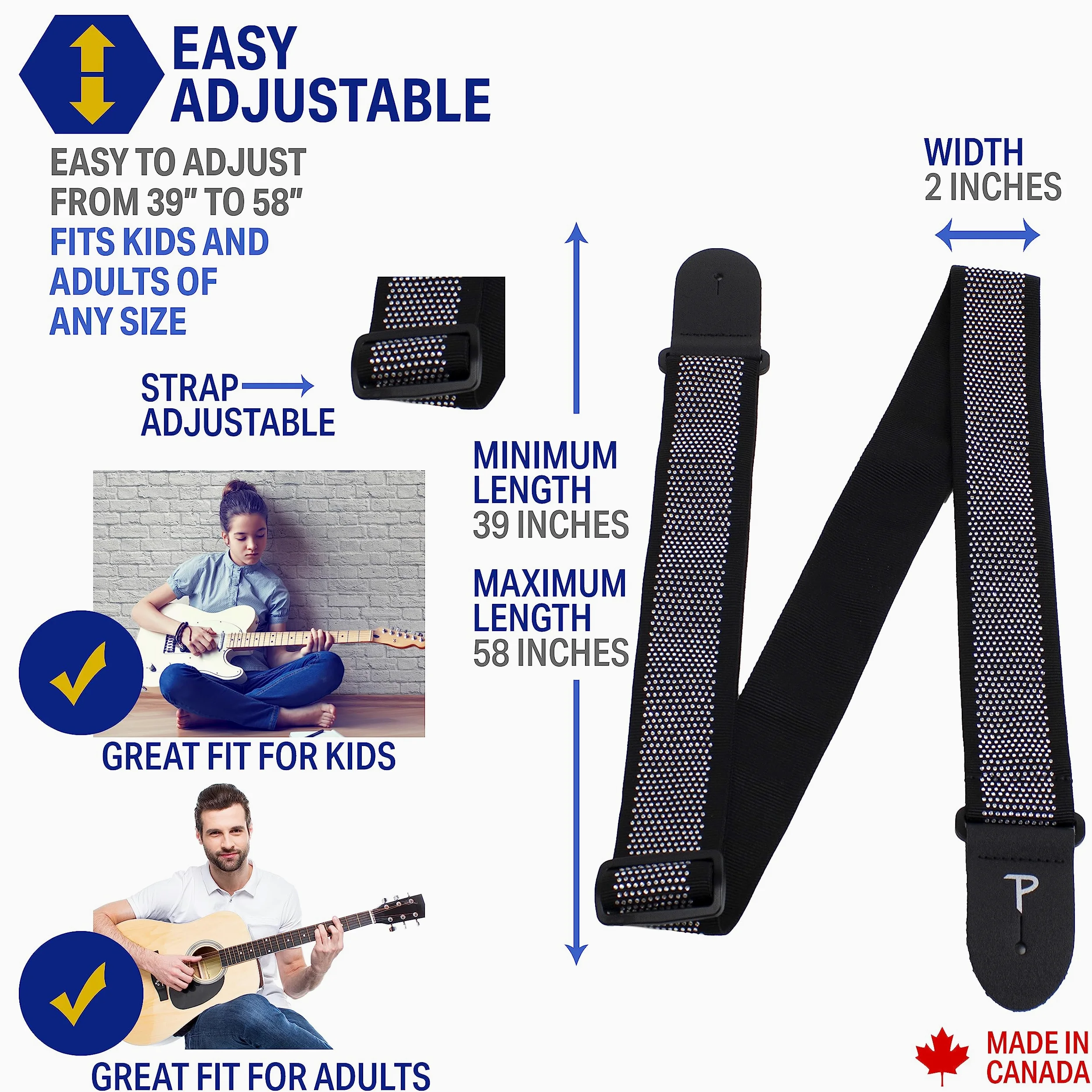 Perri's Leathers, tracolla per chitarra in jacquard con strass, lunghezza regolabile, larghezza 5,1 cm, colore nero con strass, accessori per chitarra
