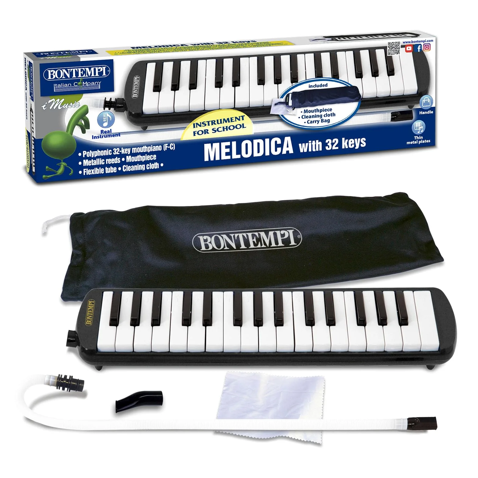 Bontempi 33 3250 - Diamonica 32 note con voci in metallo, Strumento a fiato, Borsa in dotazione, Nero/Bianco