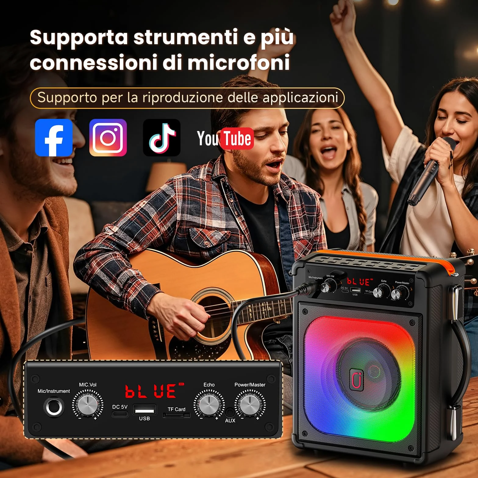 HWWR Karaoke con 2 Microfono, 60W Cassa Bluetooth 5.3 Subwoofer da 6,5, 12 Ore Riproduzione, Karaoke Portatile per Adulti/Bambini con Effetti Luce LED, Festa/Casa/Compleanno