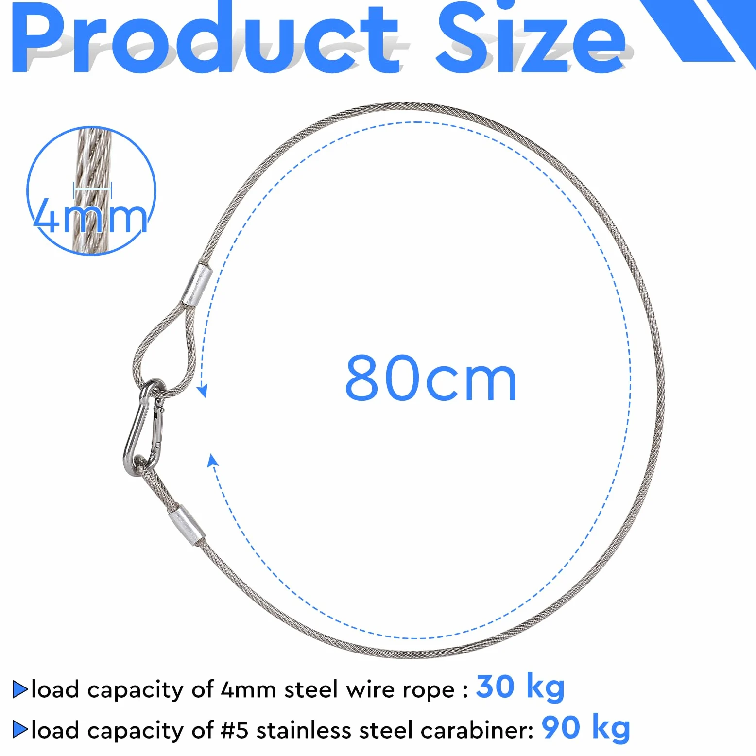 EFUTURETIME 10 x Cavo di Sicurezza in Acciaio Inox da 80 cm con Moschettone di Sicurezza n° 5, Cavetto Ø4 mm con Guaina in PVC Trasparente per Appendimanto Luci, Portata 50 kg