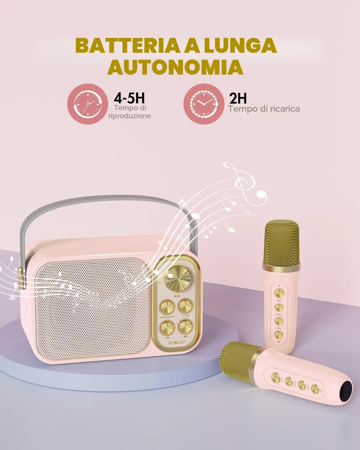 Karaoke per Bambini BESCOST Professionale Completo con 2 Microfoni Wireless,Cassa Portatile 7 Effetti Sonori,Idea Regalo Compleanno,Giocattolo Natale 5-14 Anni