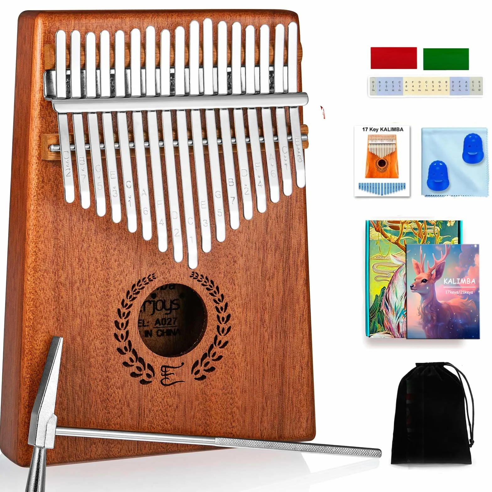 Kalimba Thumb Piano 17 Keys, Portable Mbira Finger Piano w/Protective Case, Fast to Learn Songbook, Tuning Hammer, All in One Kit (17keys, Mahogany)