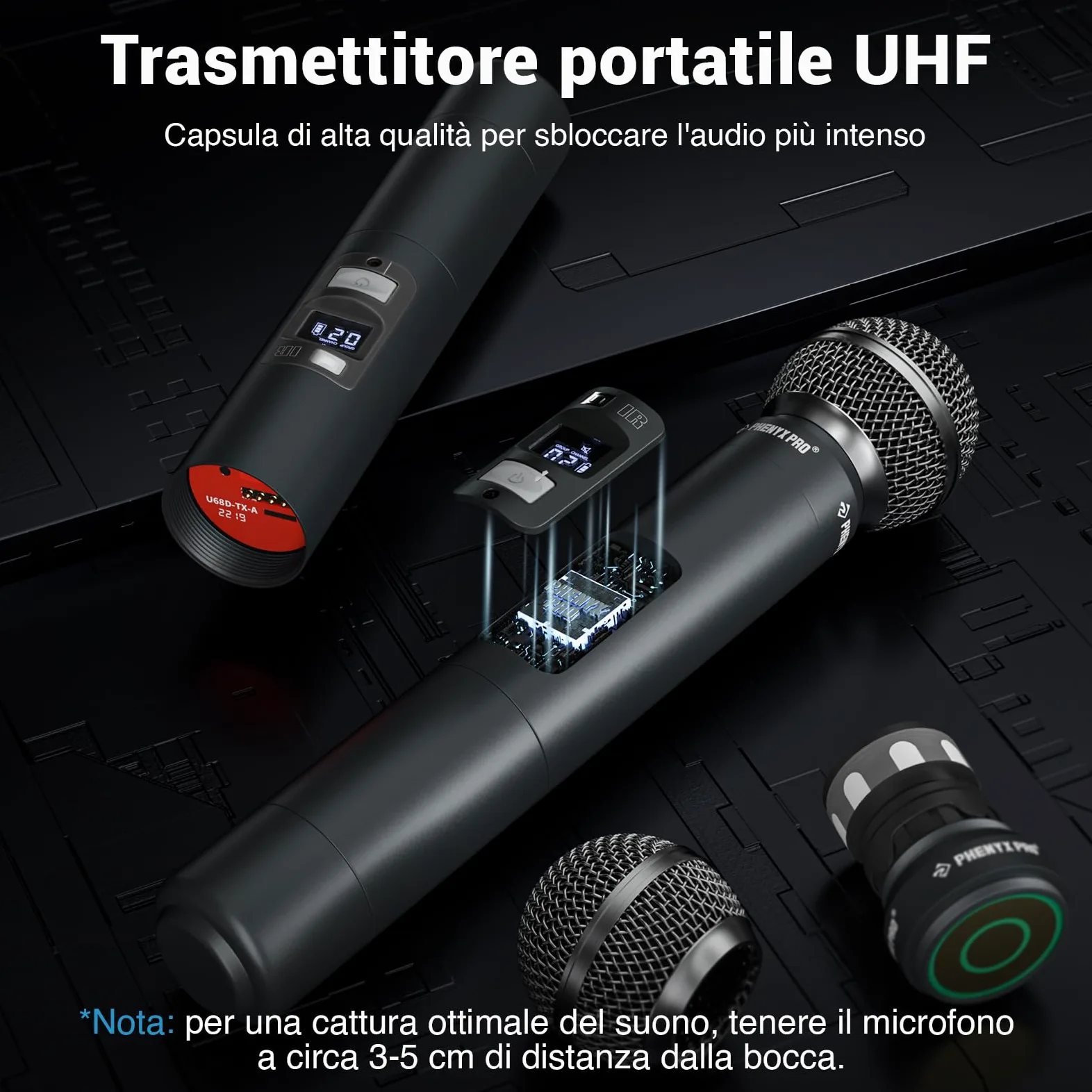 Phenyx Pro Sistema microfono wireless a quattro canali con scansione automatica, 4x40 frequenze UHF, lunga portata di 328 piedi, 4 microfoni dinamici palmari per canto, chiesa, karaoke (PTU-7000-4H)