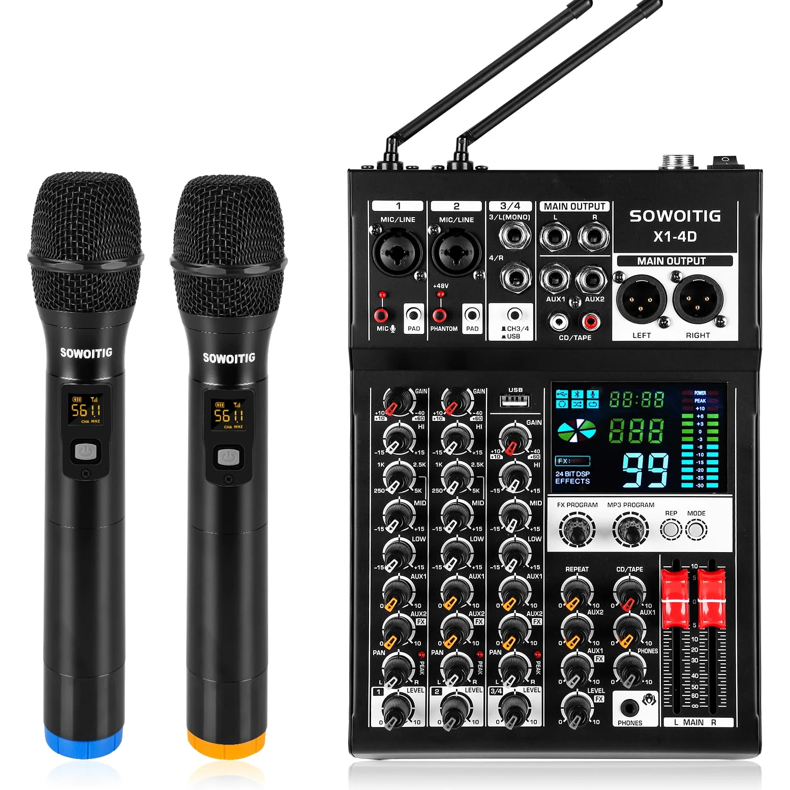 Mixer audio a 4 canali con 2 microfoni senza fili, console professionale DJ con 99 DSP MP3 Bluetooth 48 V alimentazione phantom PAD e interfaccia USB per registrazione, karaoke domestico e streaming