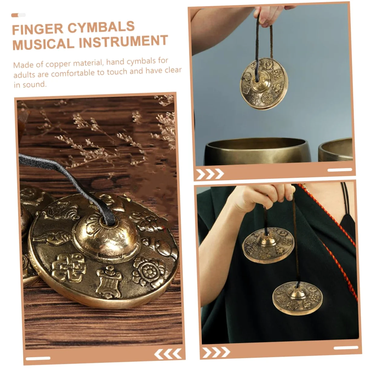 Cimbali in Rame Dorato per Meditazione e Rituali Motivi Vintage di Buon Auspicio, Strumenti Percussivi Etnici per Benedizione ed Esorcismo