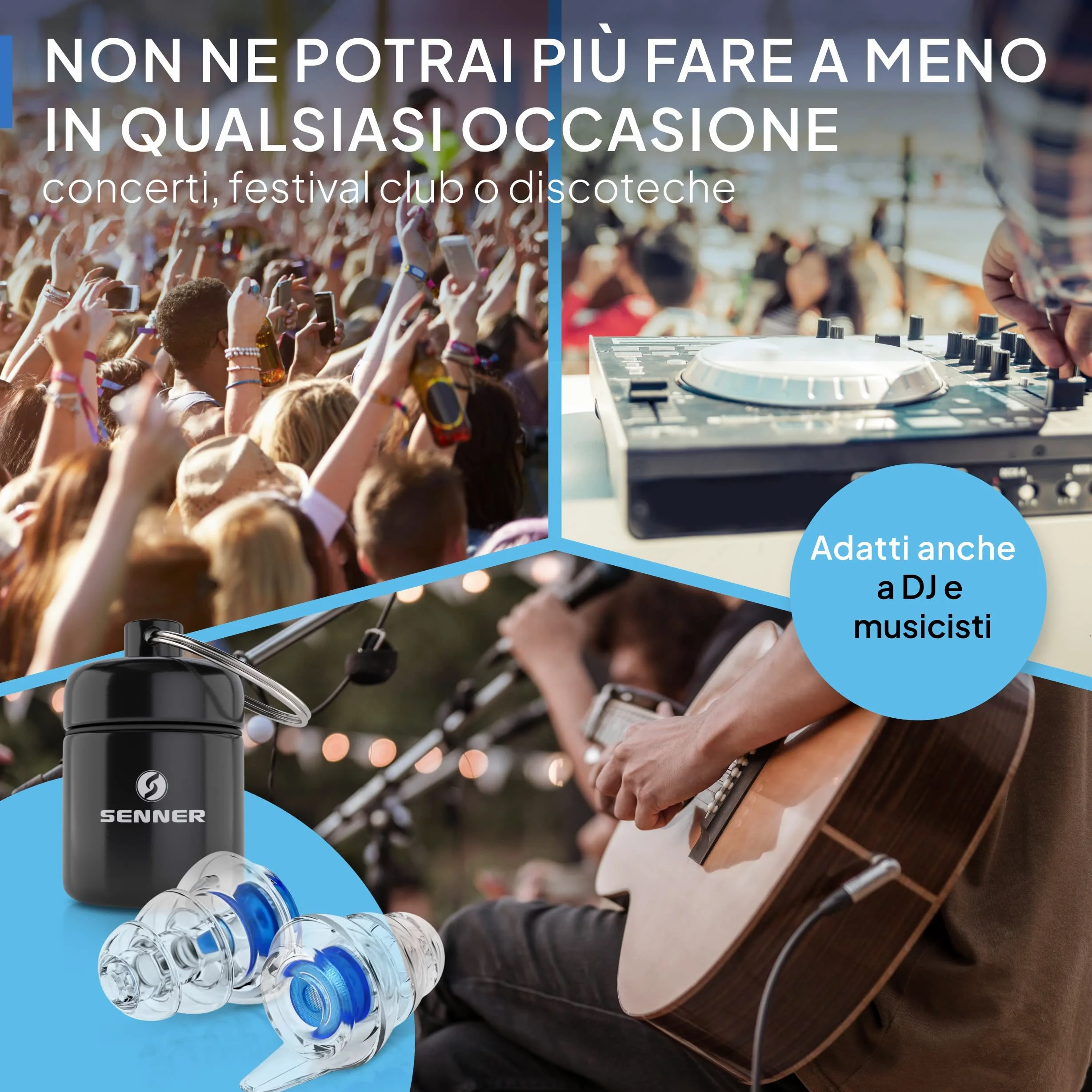 Senner MusicPro tappi per orecchie antirumore a protezione dell’udito con contenitore in alluminio. Ideali per musica, concerti, discoteca e festival (Ampia bottiglia nera Filtro blu)