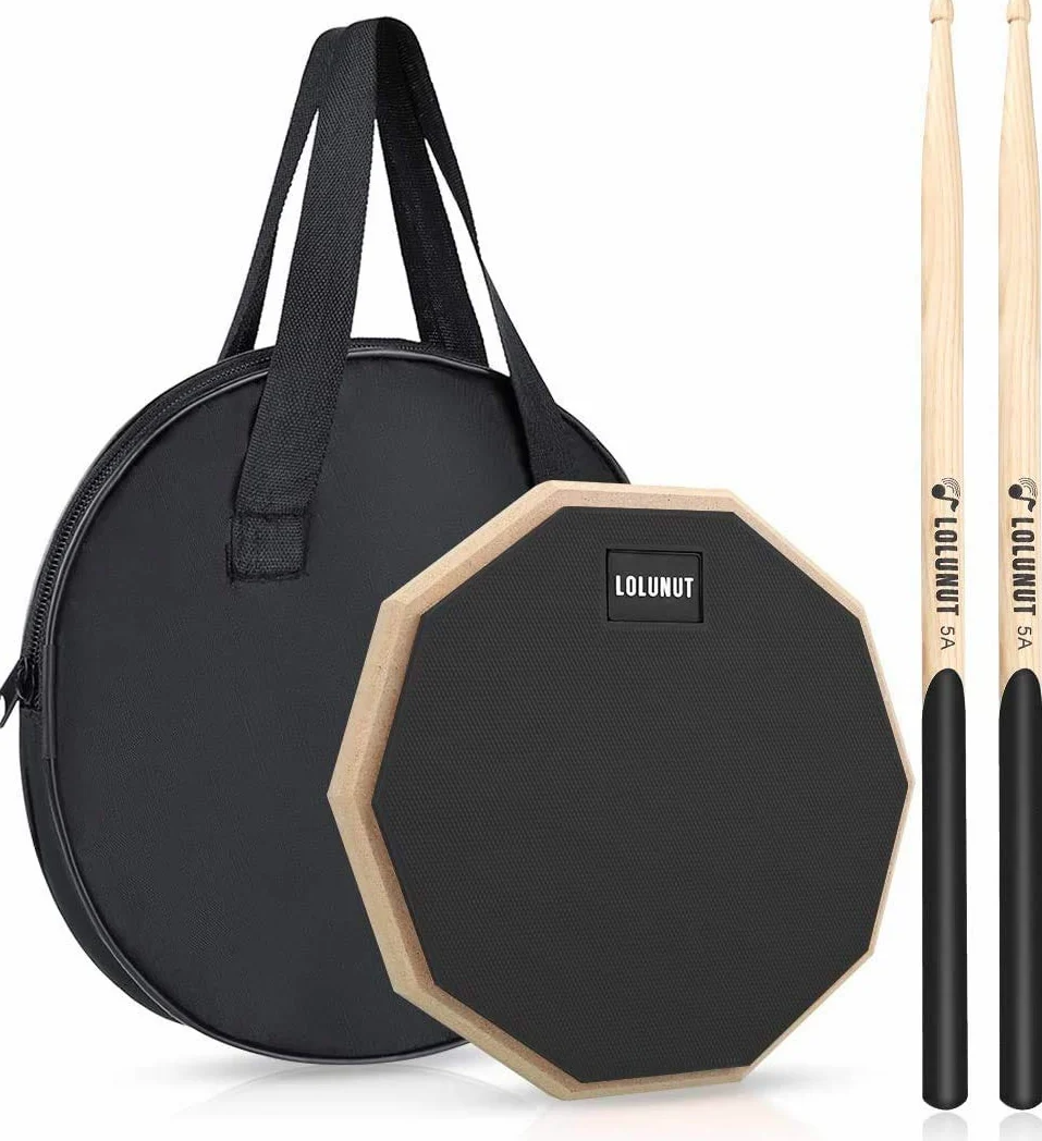 Pad per esercizi batteria, allenatore silenzioso in gomma morbida, base in legno, double-face, con bacchette in legno massello (20,3 cm, nero)