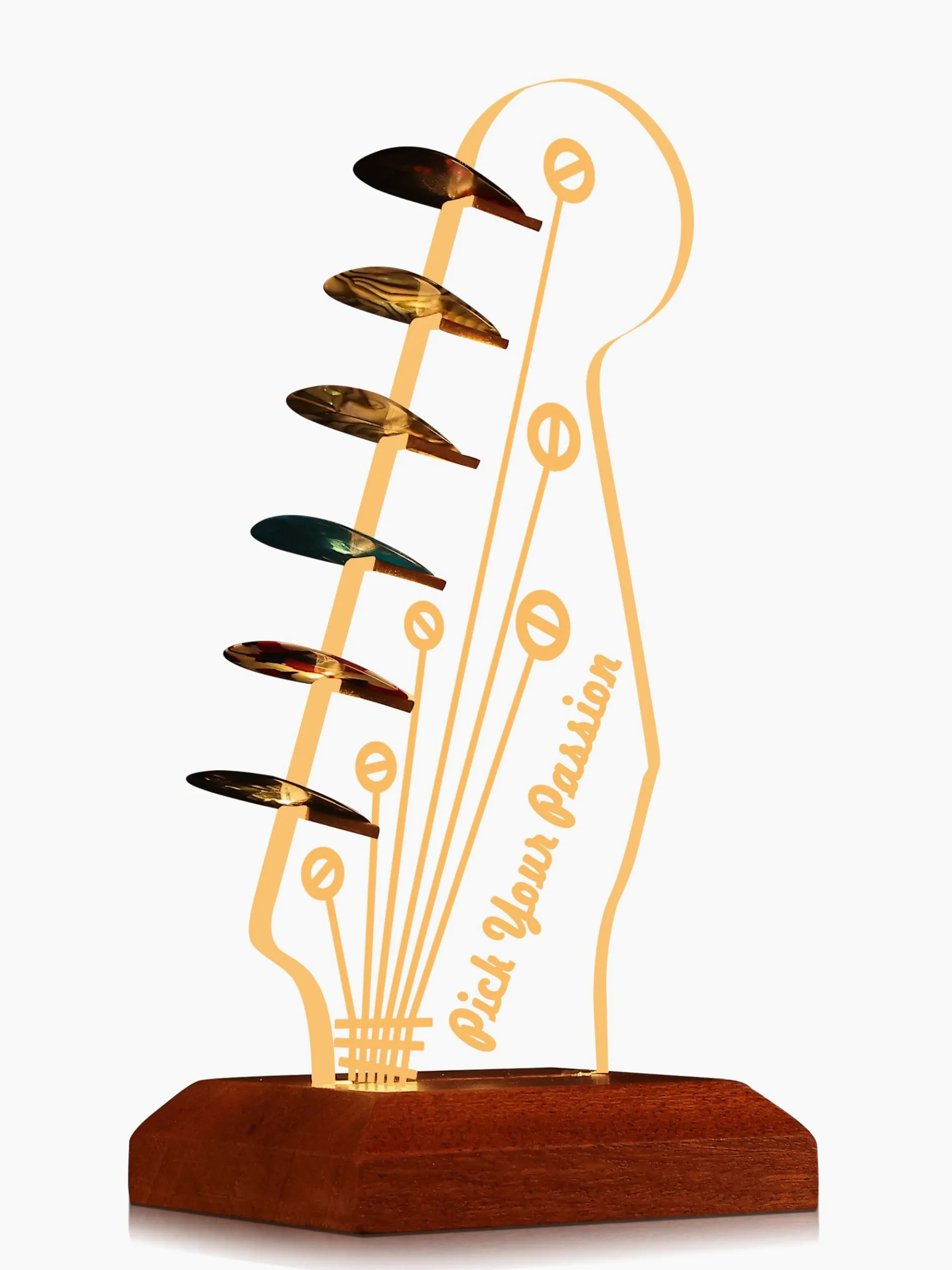 CoolGift Mart Light Up Guitar Pick Holder, acrilico Electric Guitar Headstock a forma di testine di chitarra a Base di legno per la memorizzazione e lo schermo dei plettri, Guitar Accessories Gift
