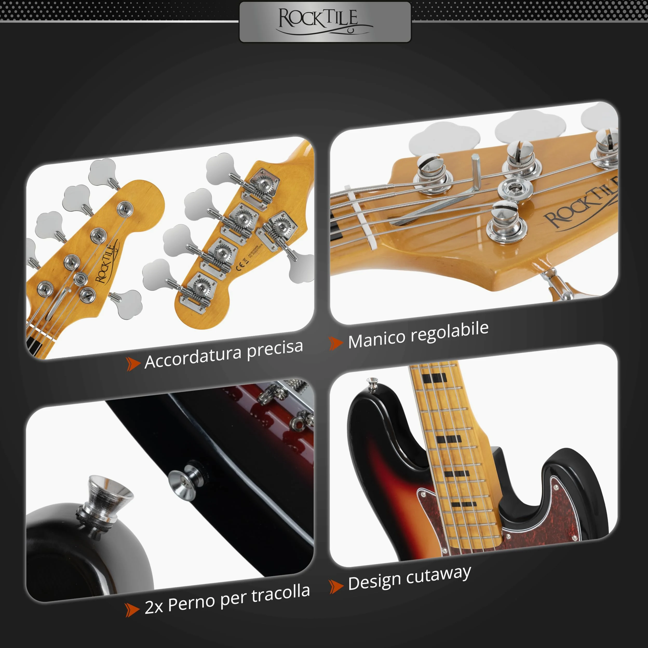 Rocktile Pro JBS50-SB Basso Elettrico - Basso 5 corde stile JB con corpo in tiglio - manico in acero e tastiera in acero - 2x Single Coil pickup - 2x Volume, 1x Tone - Mensura 34" - Sunburst