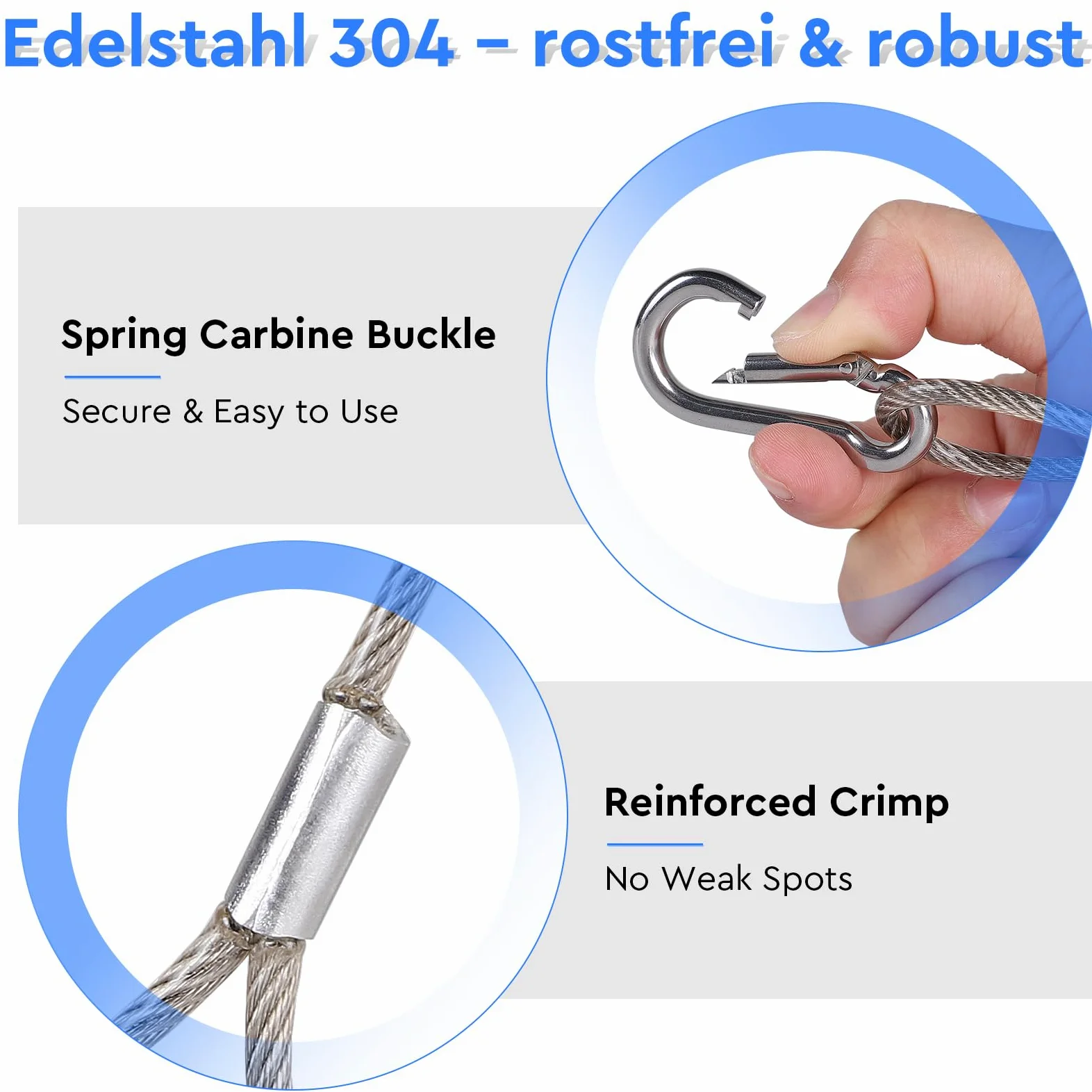 EFUTURETIME 10 x Cavo di Sicurezza in Acciaio Inox da 80 cm con Moschettone di Sicurezza n° 5, Cavetto Ø4 mm con Guaina in PVC Trasparente per Appendimanto Luci, Portata 50 kg