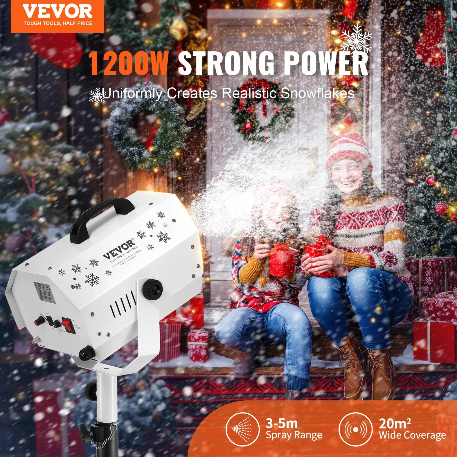 VEVOR Macchina per Neve 1200 W, Macchina per Produrre Neve con Supporto Regolabile, Macchina per Fiocchi di Neve con Telecomando Wireless, Macchina per Neve Finta per Feste di Natale Matrimoni