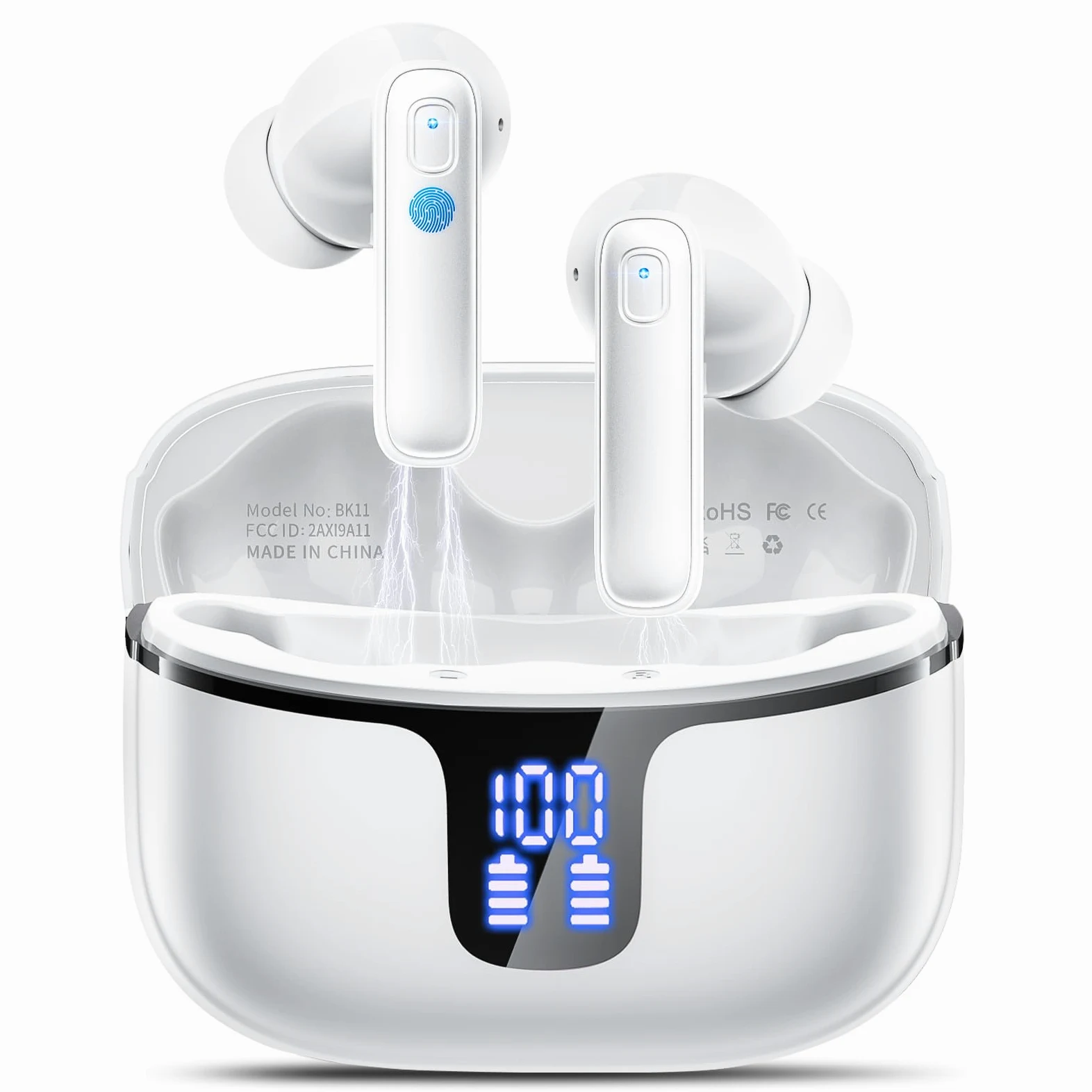 Cuffie Bluetooth, Auricolari Bluetooth 5.3 Stereo HiFi con 4 ENC HD Mic Cancellazione Rumore, Cuffie Wireless Bluetooth 40H LED Display Cuffiette in Ear IP7 Impermeabil, Cuffie Senza Fili USB-C Bianco