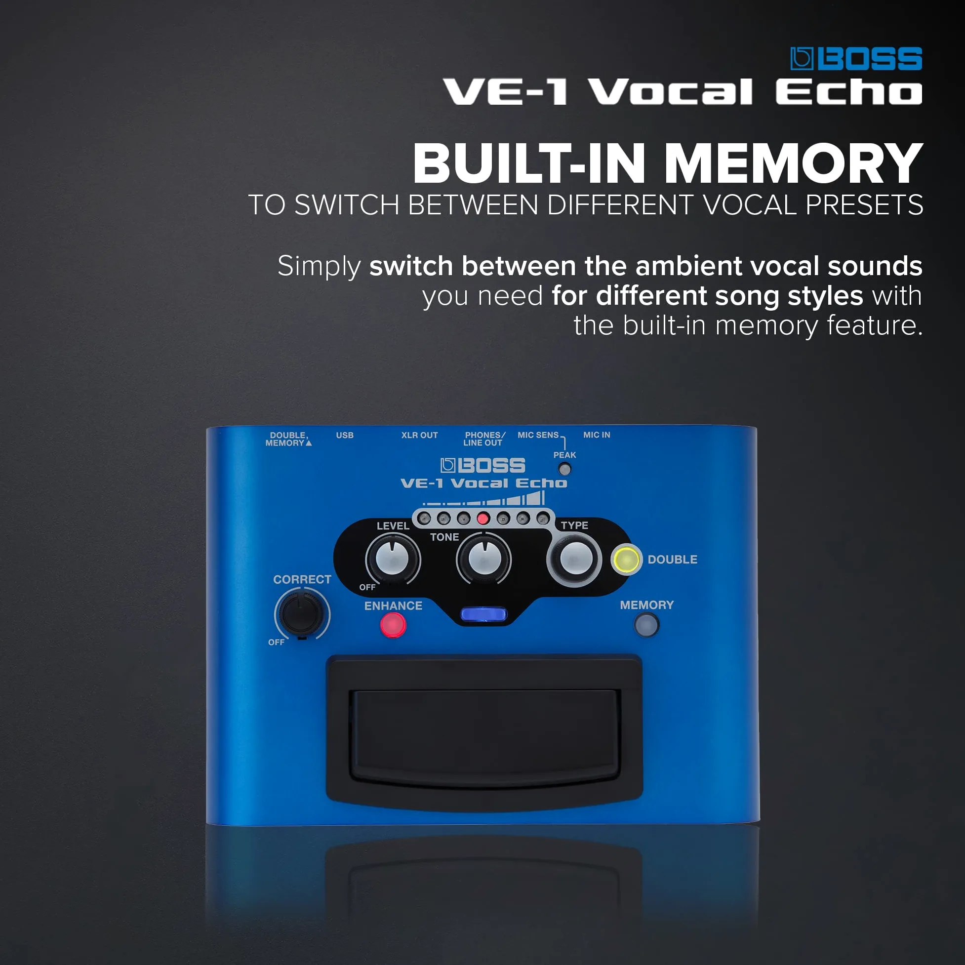 BOSS VE-1 Vocal Echo per Cantanti e Vocalist | Controllate il Suono della Vostra Voce in Tempo Reale | Aggiungete Ambienze Naturali o un Intenso Riverbero alla vostra Voce