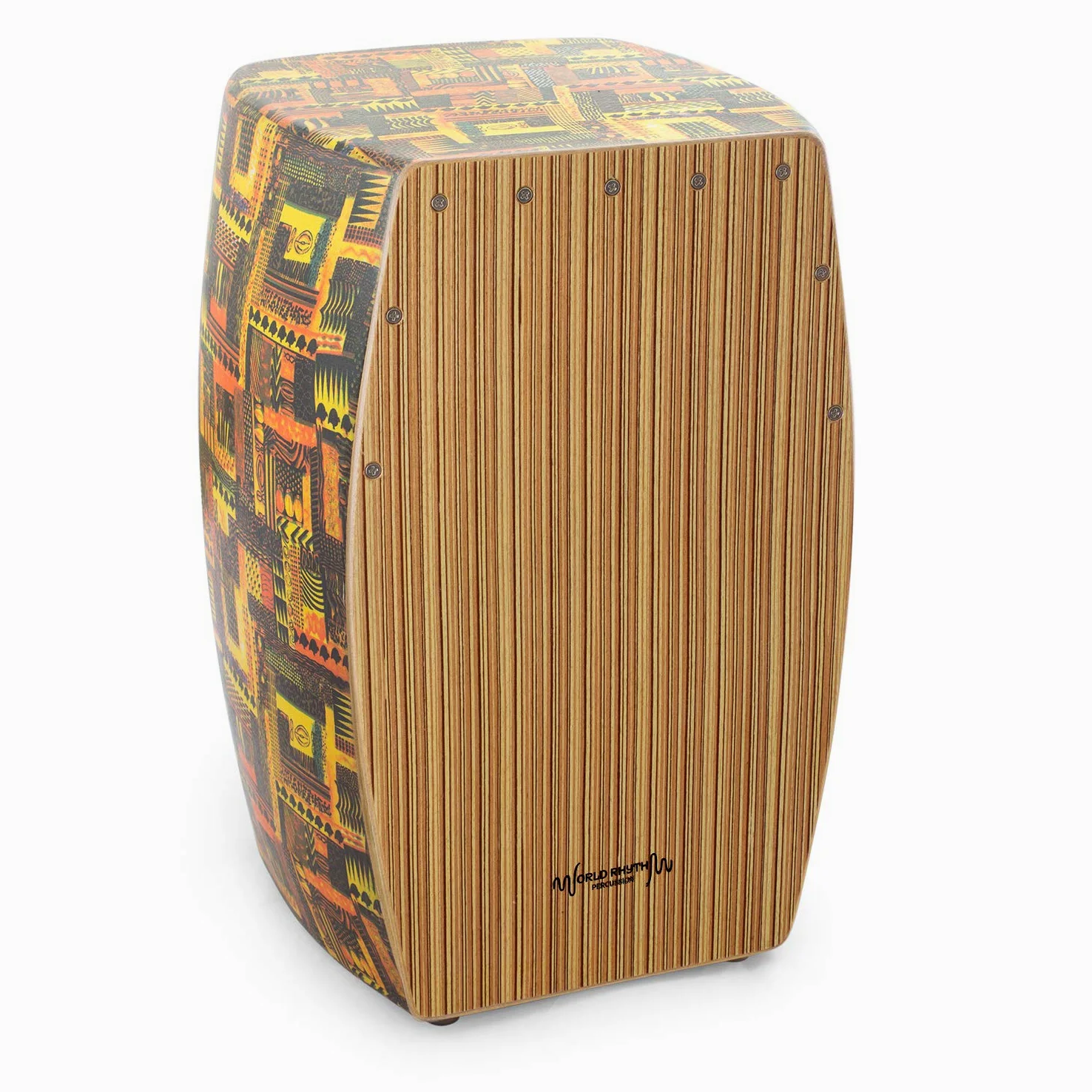 CAJ3-DK Tamburo Cajon con Superfice Rifinita in Stile Zebrano, Design Tribale Giallo e Arancione