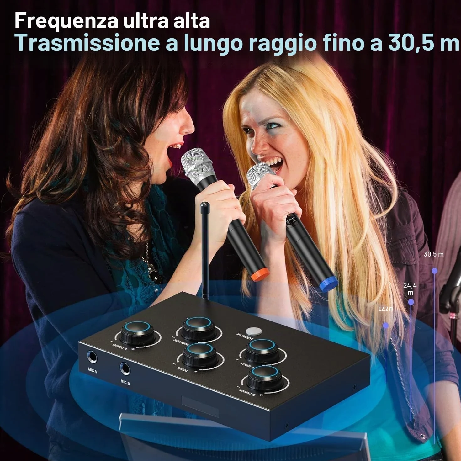 Sistema microfonico wireless, microfono karaoke UHF, microfono wireless per karaoke, matrimonio, roadshow, conferenza, festa, set karaoke completo con microfono wireless