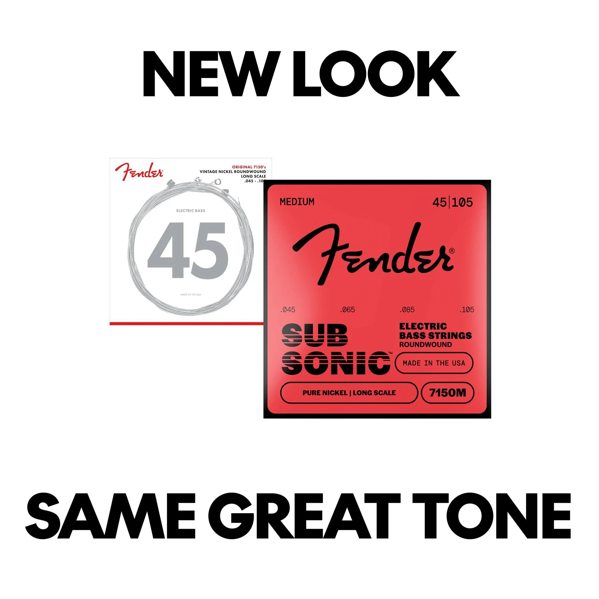 Fender Original 7150 Bass Strings, Pure Nickel, Roundwound, Long Scale, 7150M .045-.105 Gauges, (4)